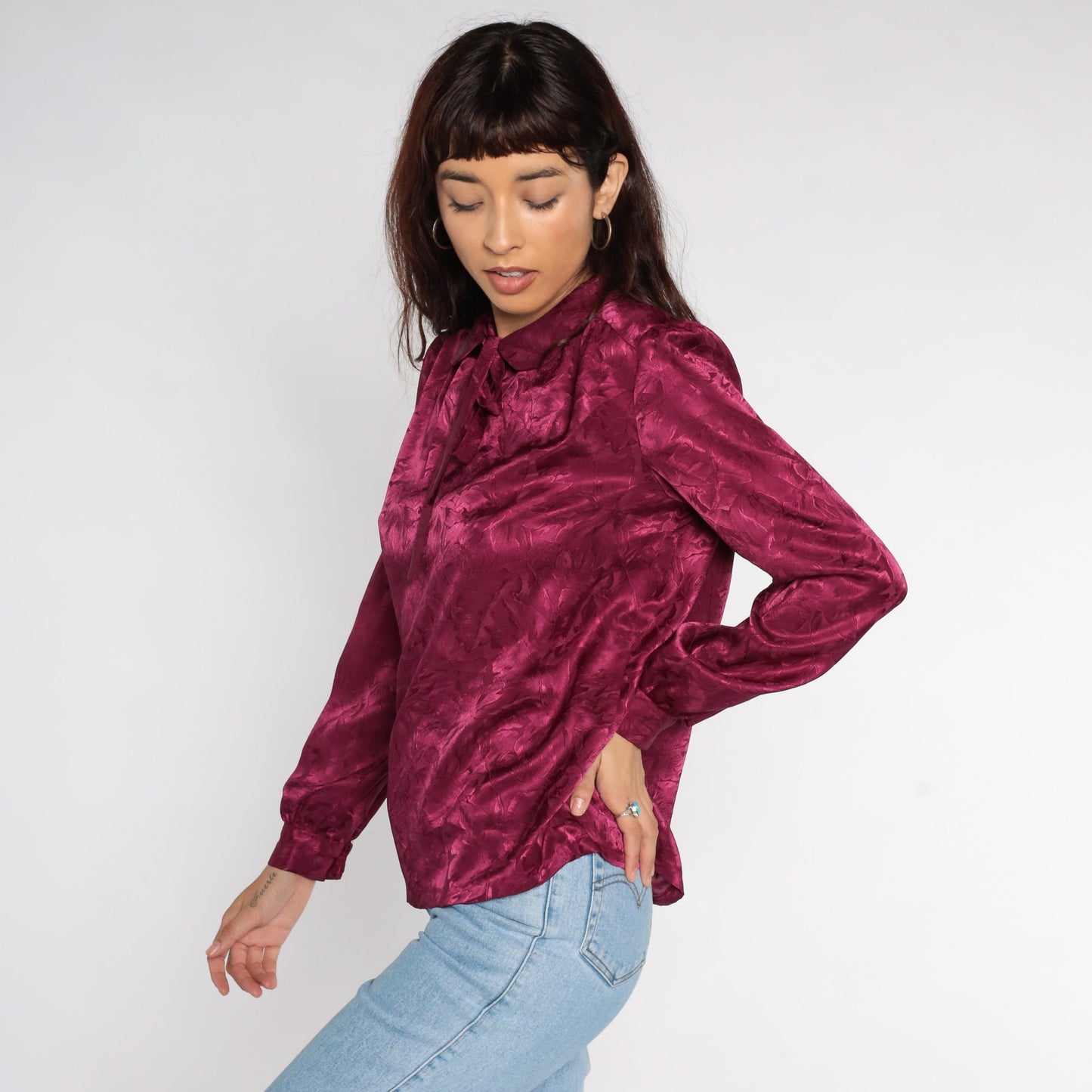 80s Purple Puff Sleeve Blouse Peter Pan Collar Floral Embossed Top Medium Large
