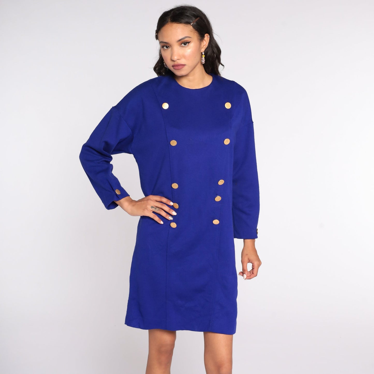 80s Royal Blue Double Breasted Mini Dress Button Up Secretary Small S