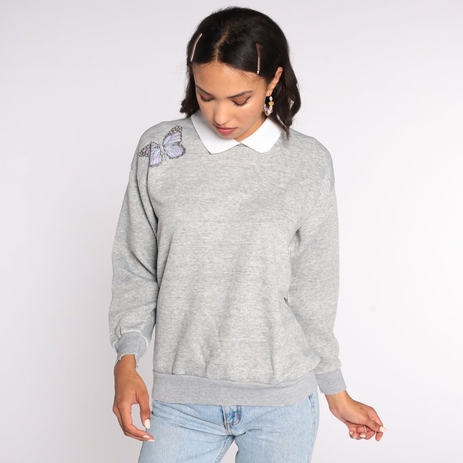 80s Butterfly Collared Sweatshirt Grey Graphic Pullover Medium