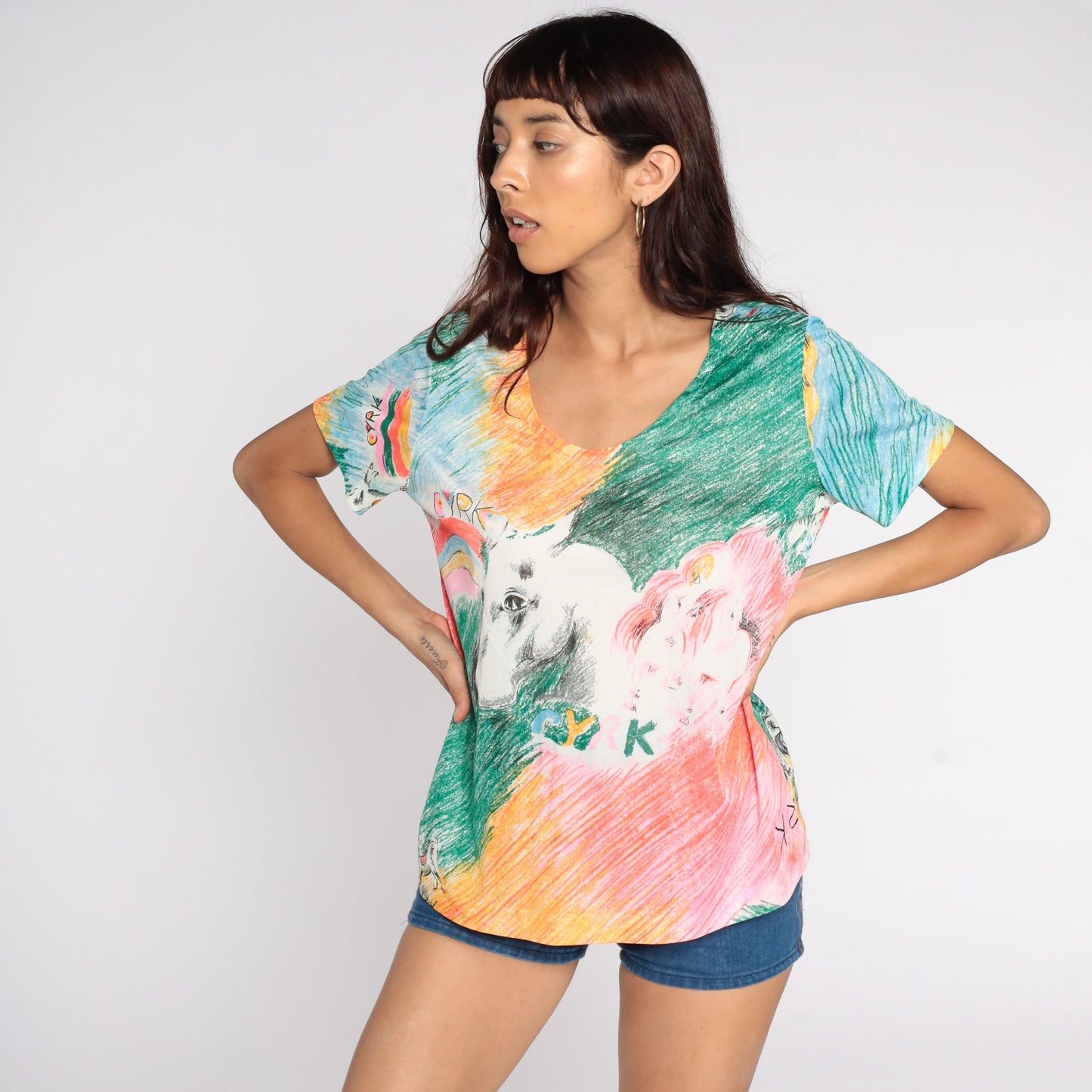 70s Cyrk Art Horse Rainbow Shirt Tunic Top Short Sleeve Large L