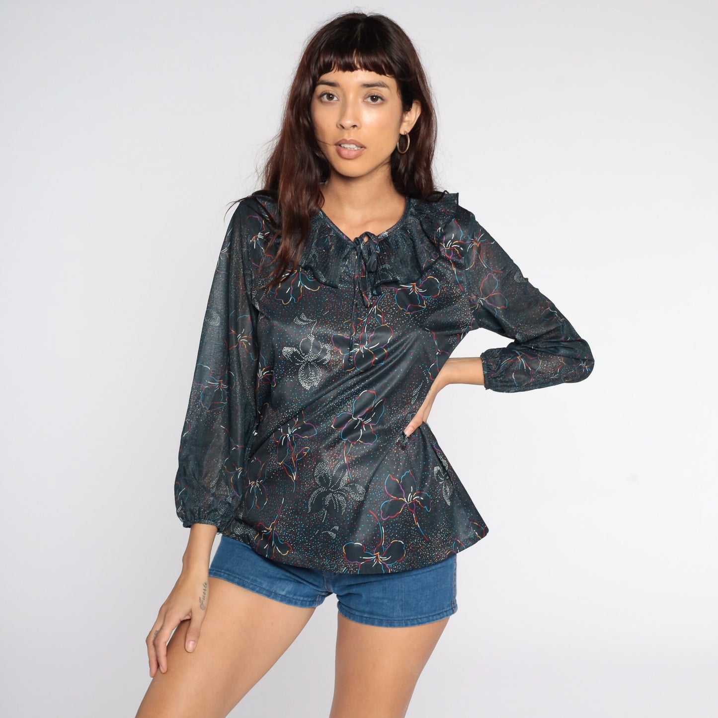 70s Black Floral Keyhole Blouse Long Sleeve Shirt Medium