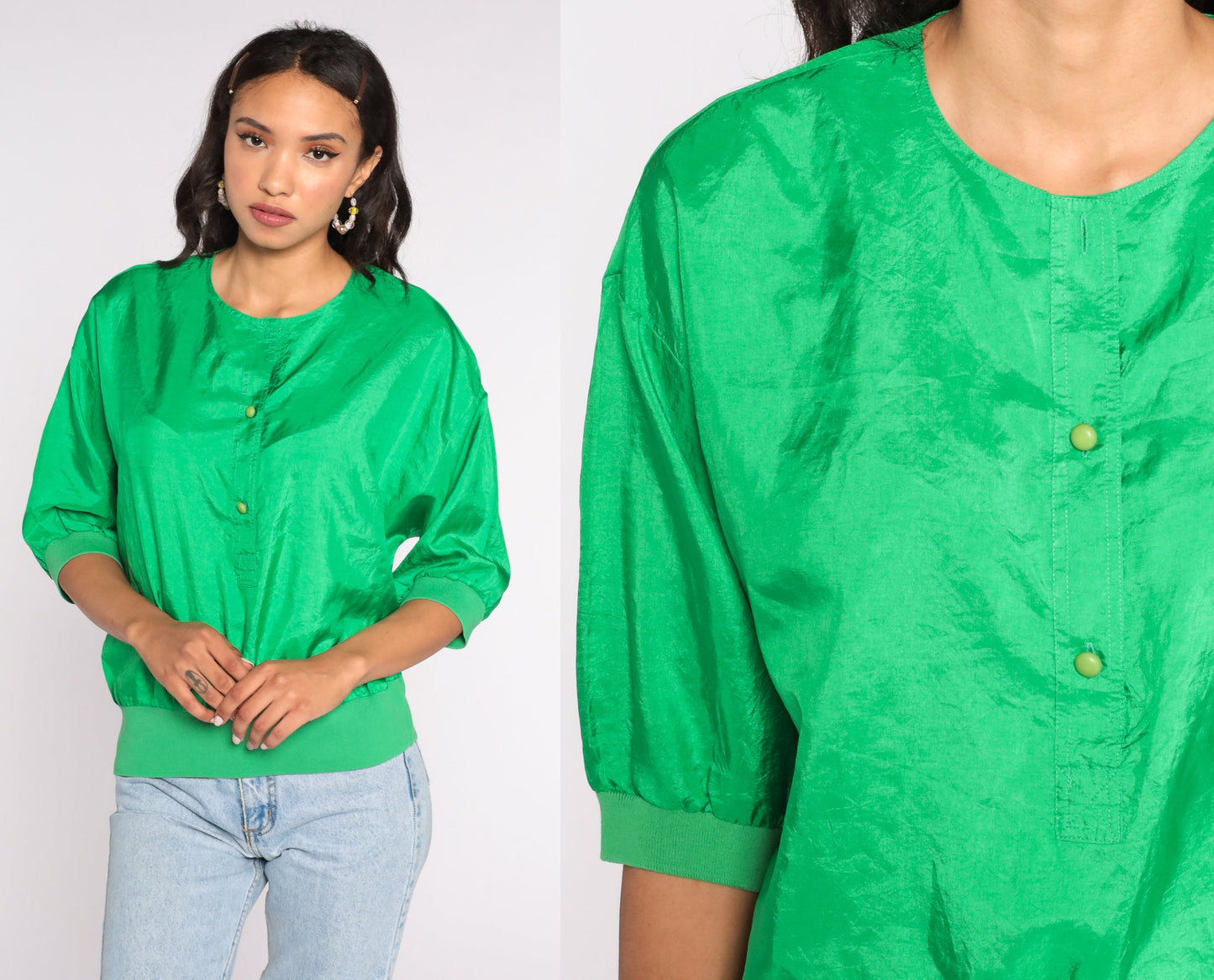 80s Shiny Green Button Neck Blouse Short Sleeve Large