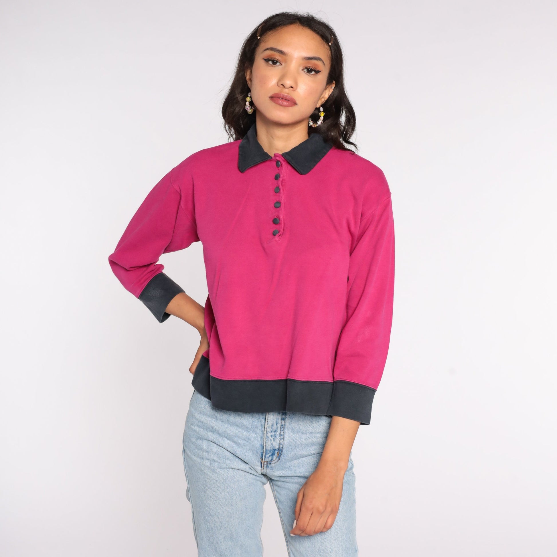 80s Pink Button-Up Shirt Cotton Blend Polo Small S