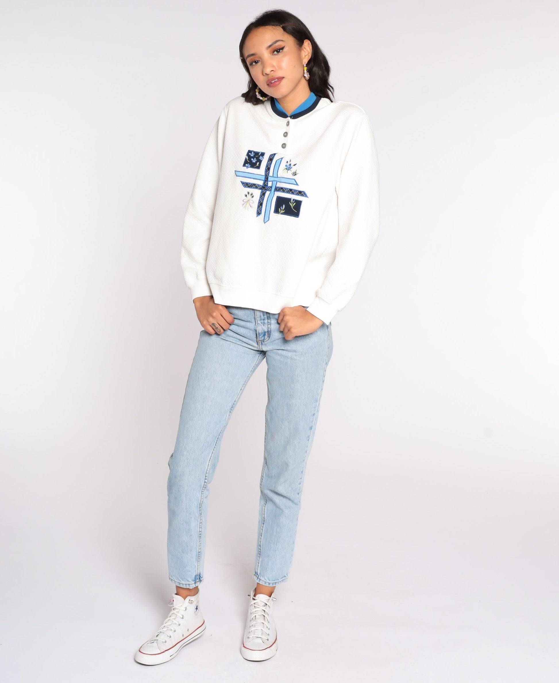 80s Alfred Dunner Floral Embroidered Sweatshirt Off-White Pullover Medium
