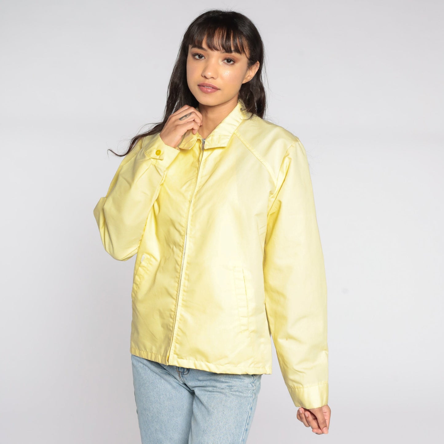 80s Yellow Windbreaker Jacket Zip Up Lightweight Cotton Poly Medium