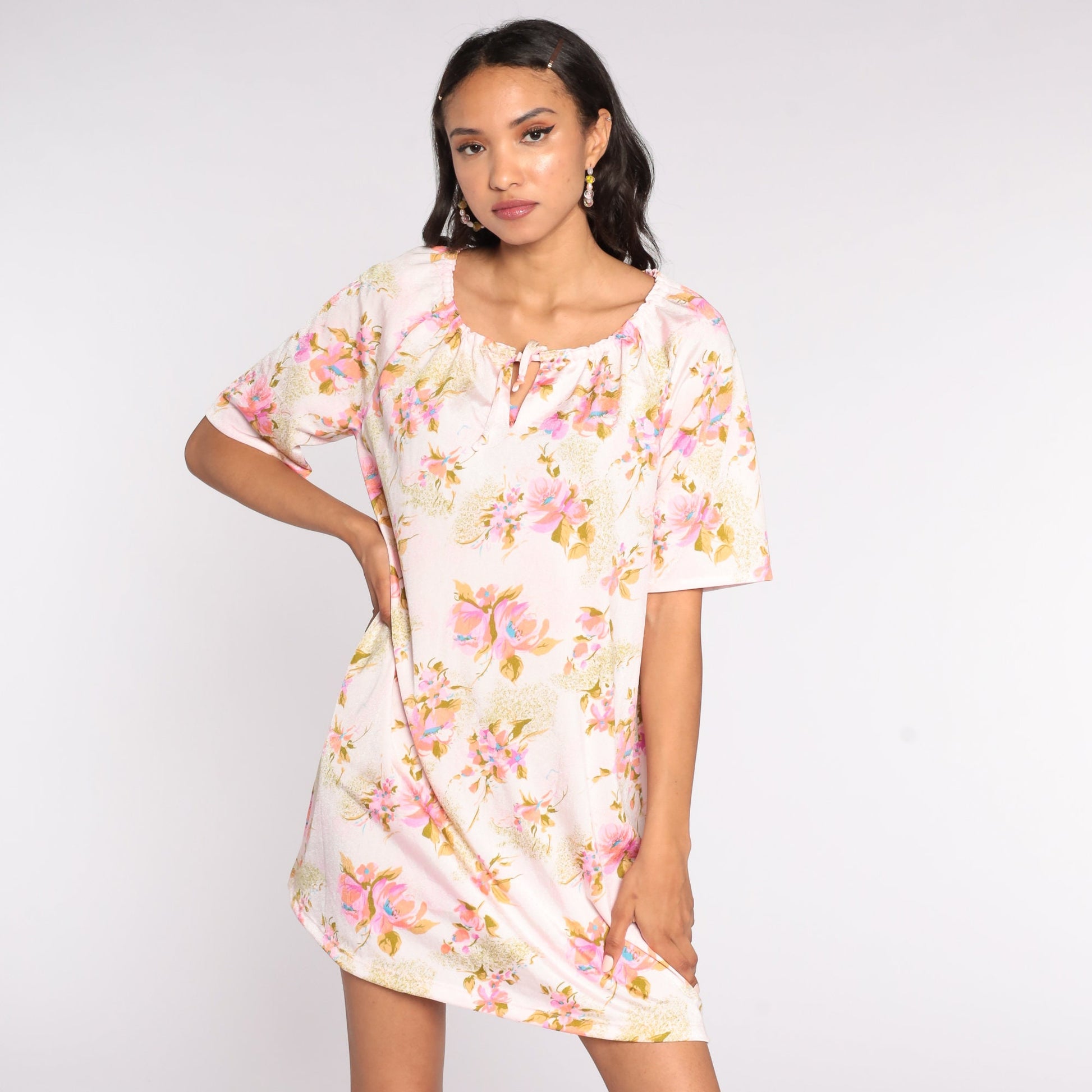 70s Floral Mini Dress Keyhole Shift Short Sleeve Pink Medium Large