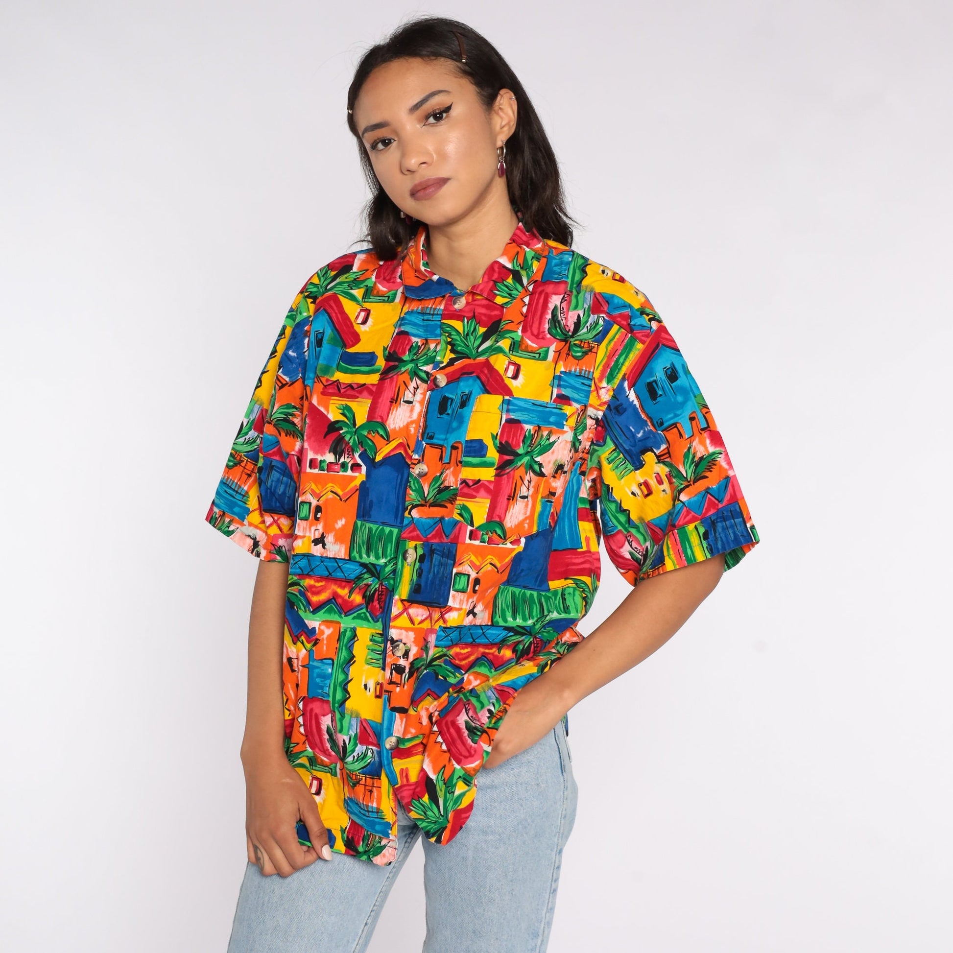 80s Tropical Palm Tree Button-Up Shirt Cotton Hawaiian Surfer Large