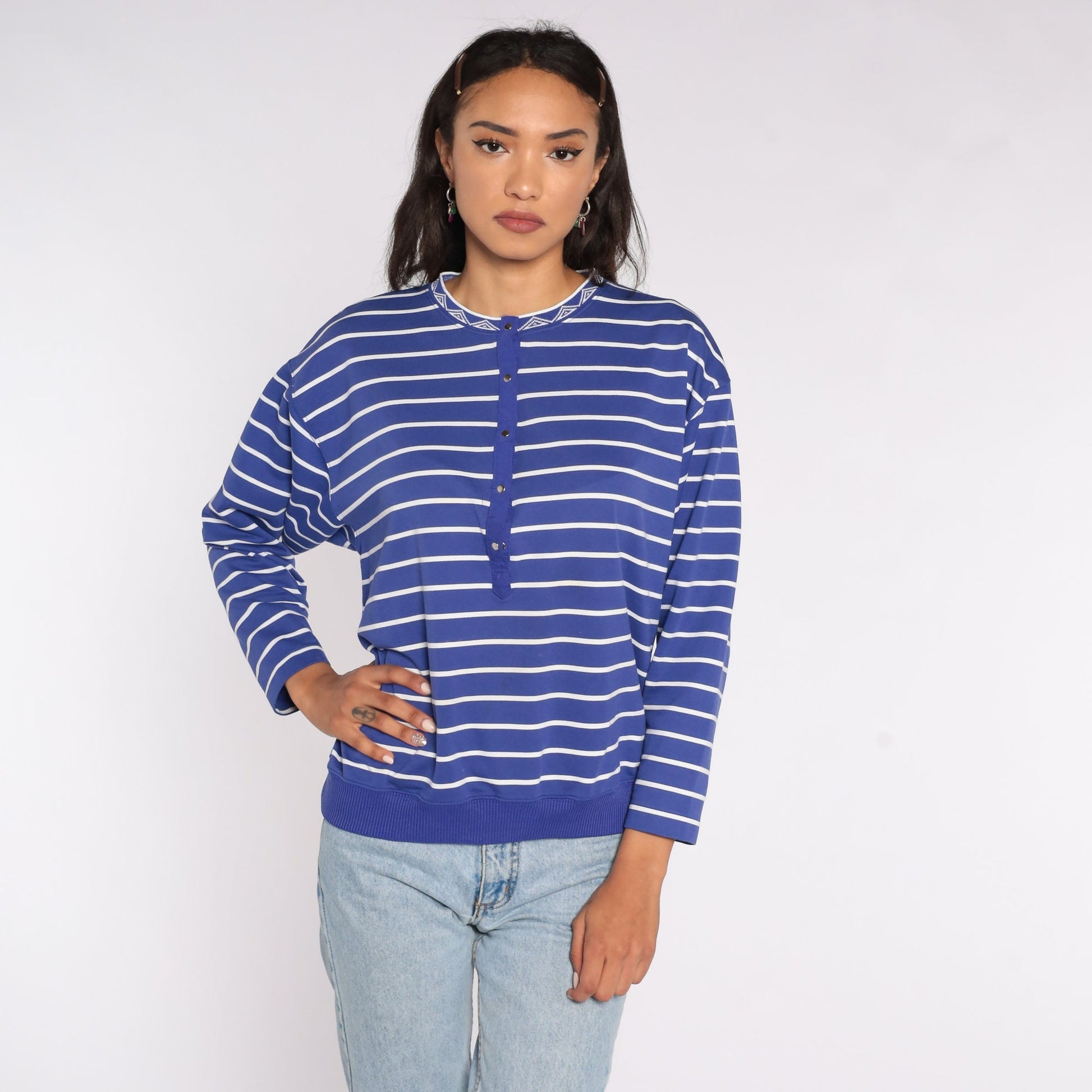 80s Purple Striped Long Sleeve Henley Top Large