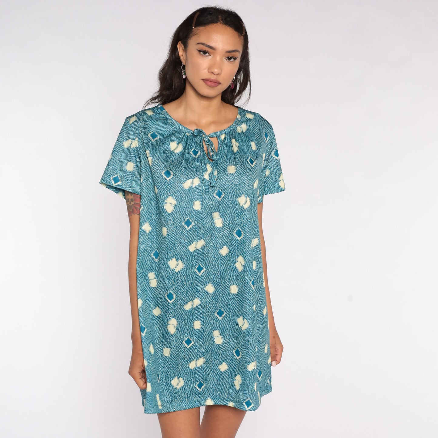 70s Geometric Print Shift Minidress Keyhole Neckline Blue Short Sleeve Extra Large