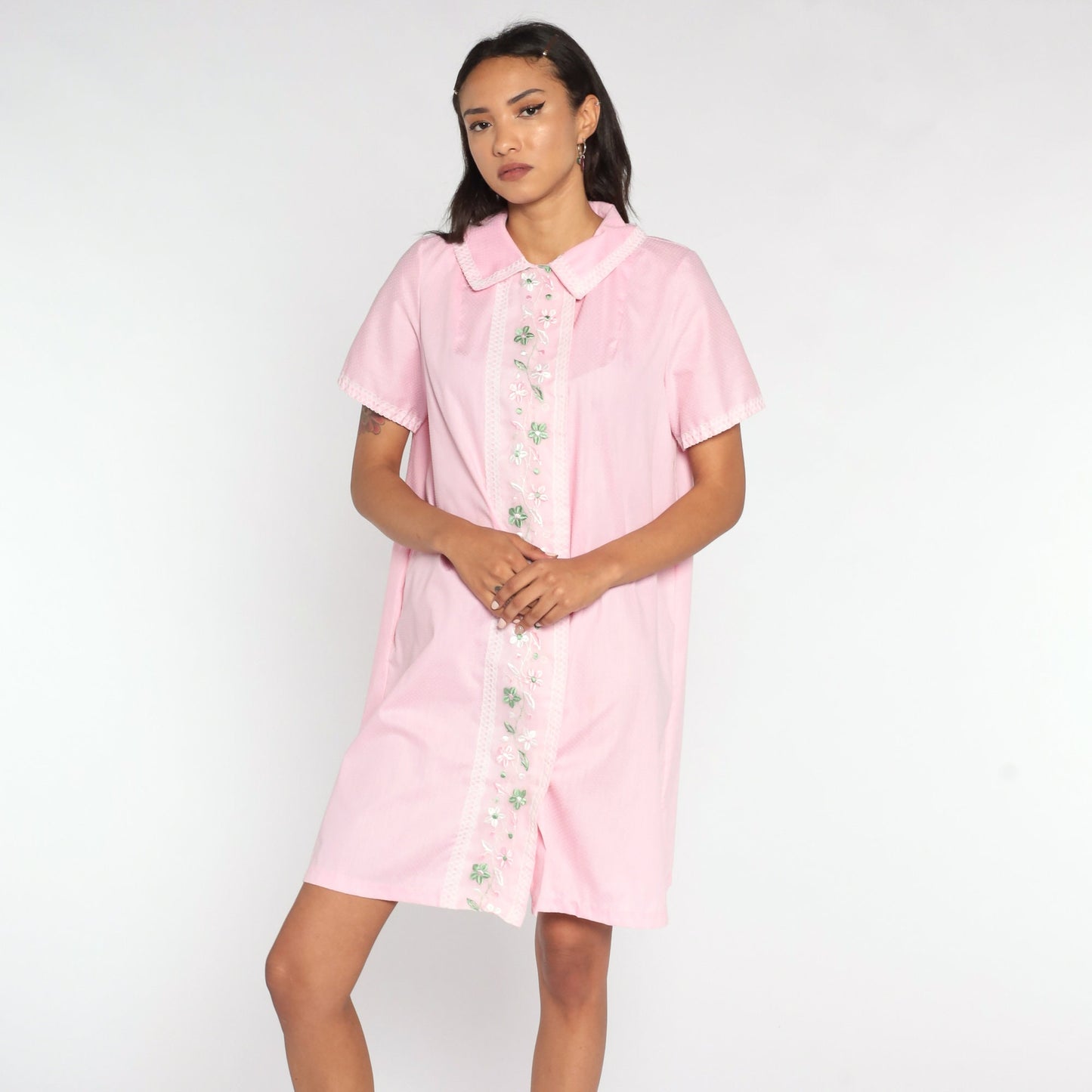 60s Floral Embroidered Shift Dress Baby Pink Button Front Mini Medium Large