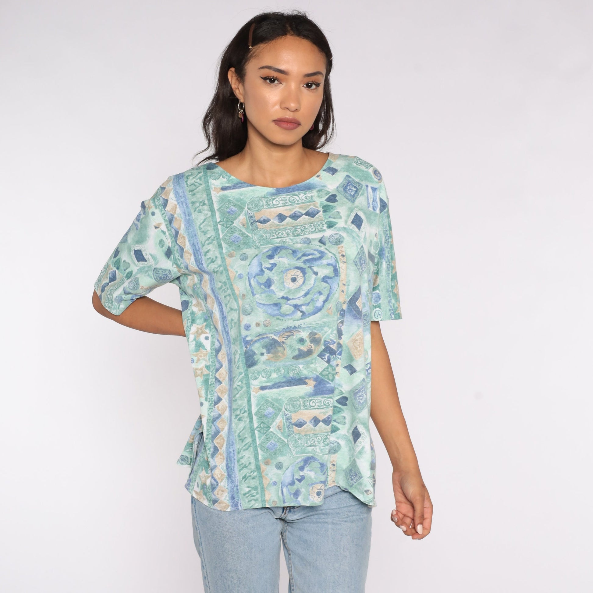 90s Geometric Graphic T-Shirt Green Grunge Tee Large XL