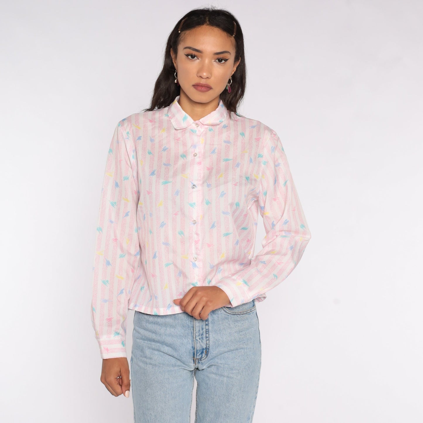 80s Pink Striped Brushstroke Button-Up Shirt Long Sleeve Collar Medium