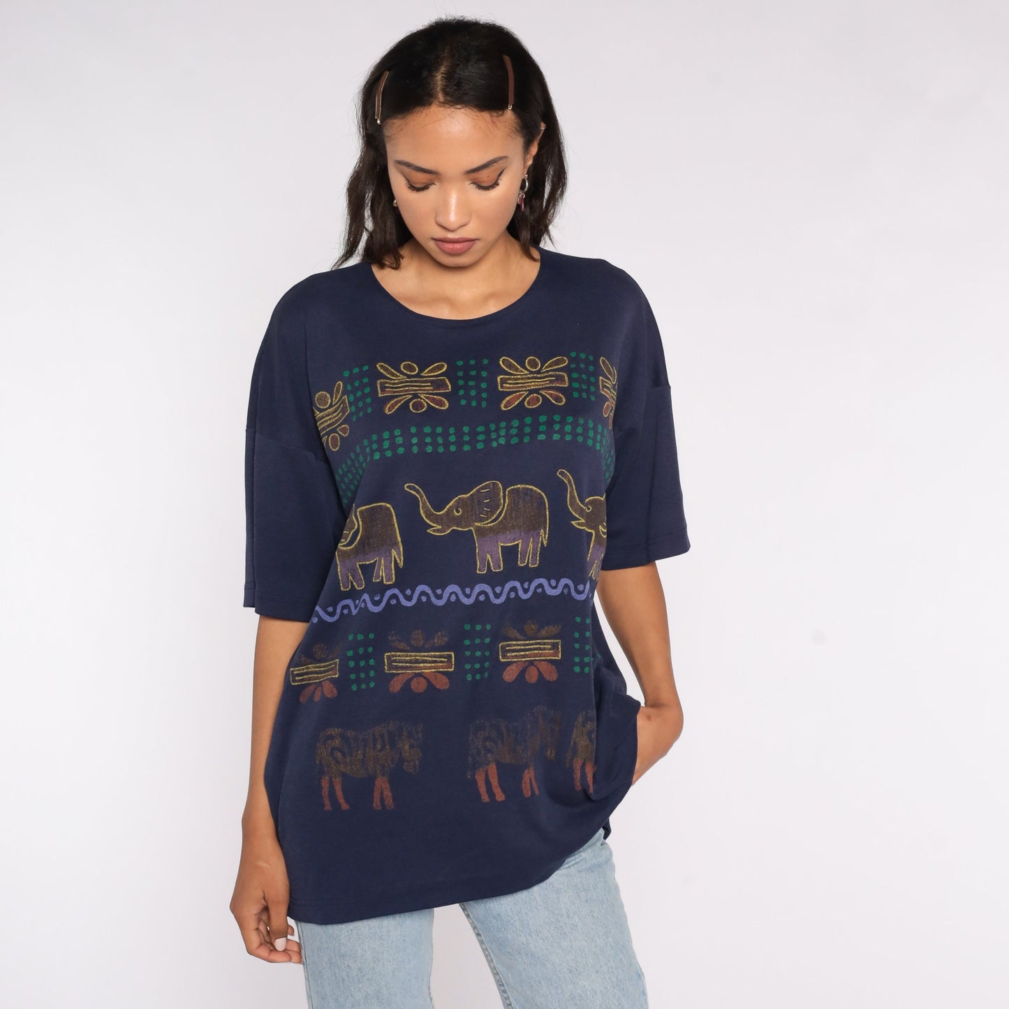 90s Safari Animal Graphic T-Shirt Navy Blue Elephant Zebra Extra Large