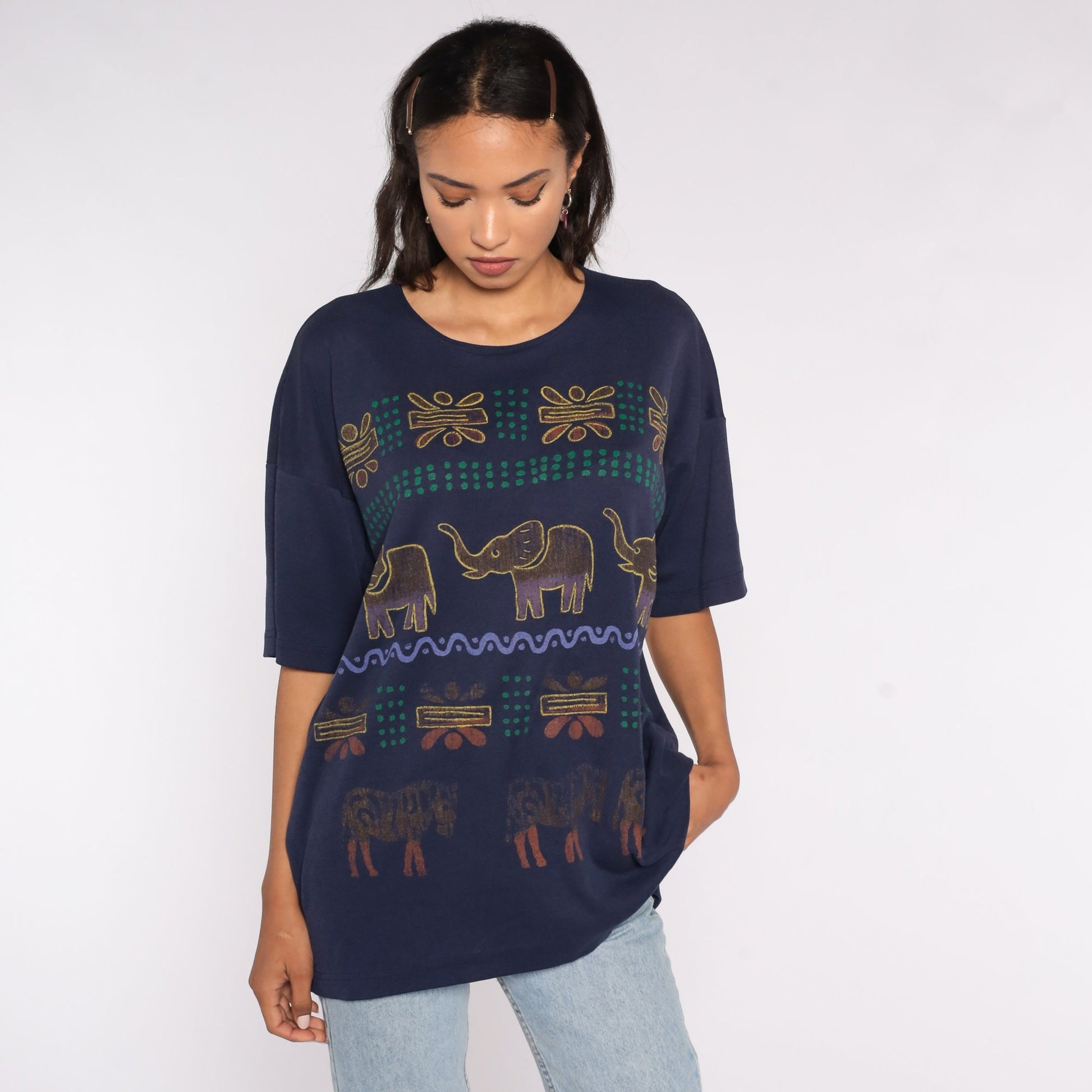 90s Safari Animal Graphic T-Shirt Navy Blue Elephant Zebra Extra Large
