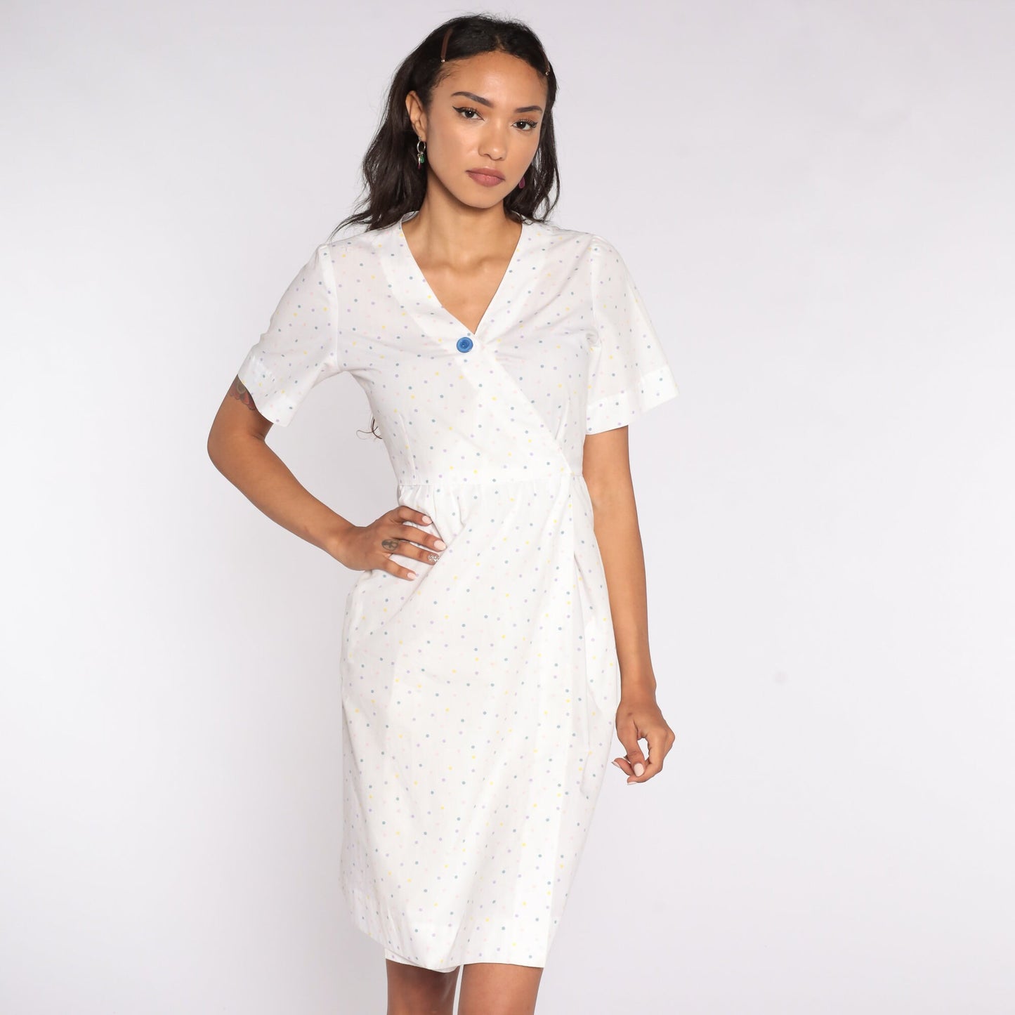 80s White Polka Dot Wrap Mini Dress V-Neck Short Sleeve Medium