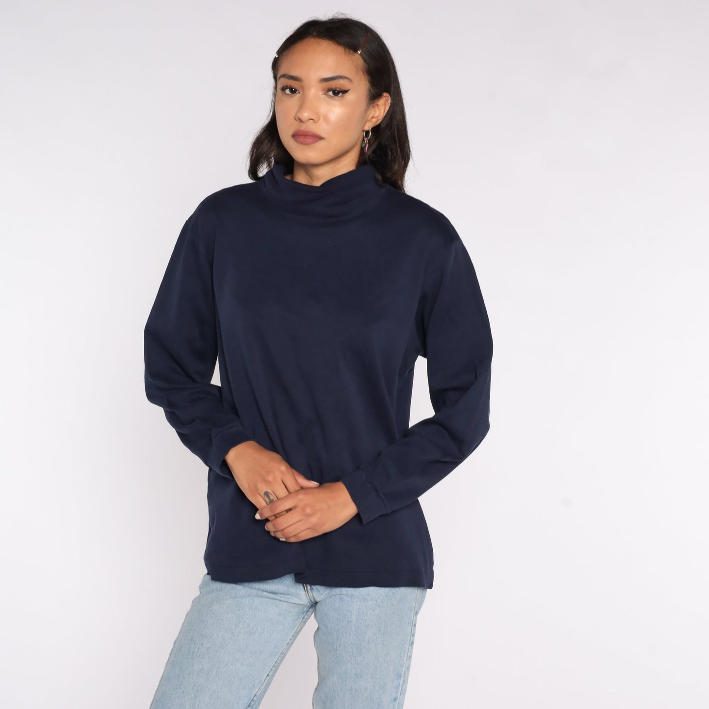 80s Navy Mock Neck Long Sleeve Shirt Cotton Top Extra Large XL