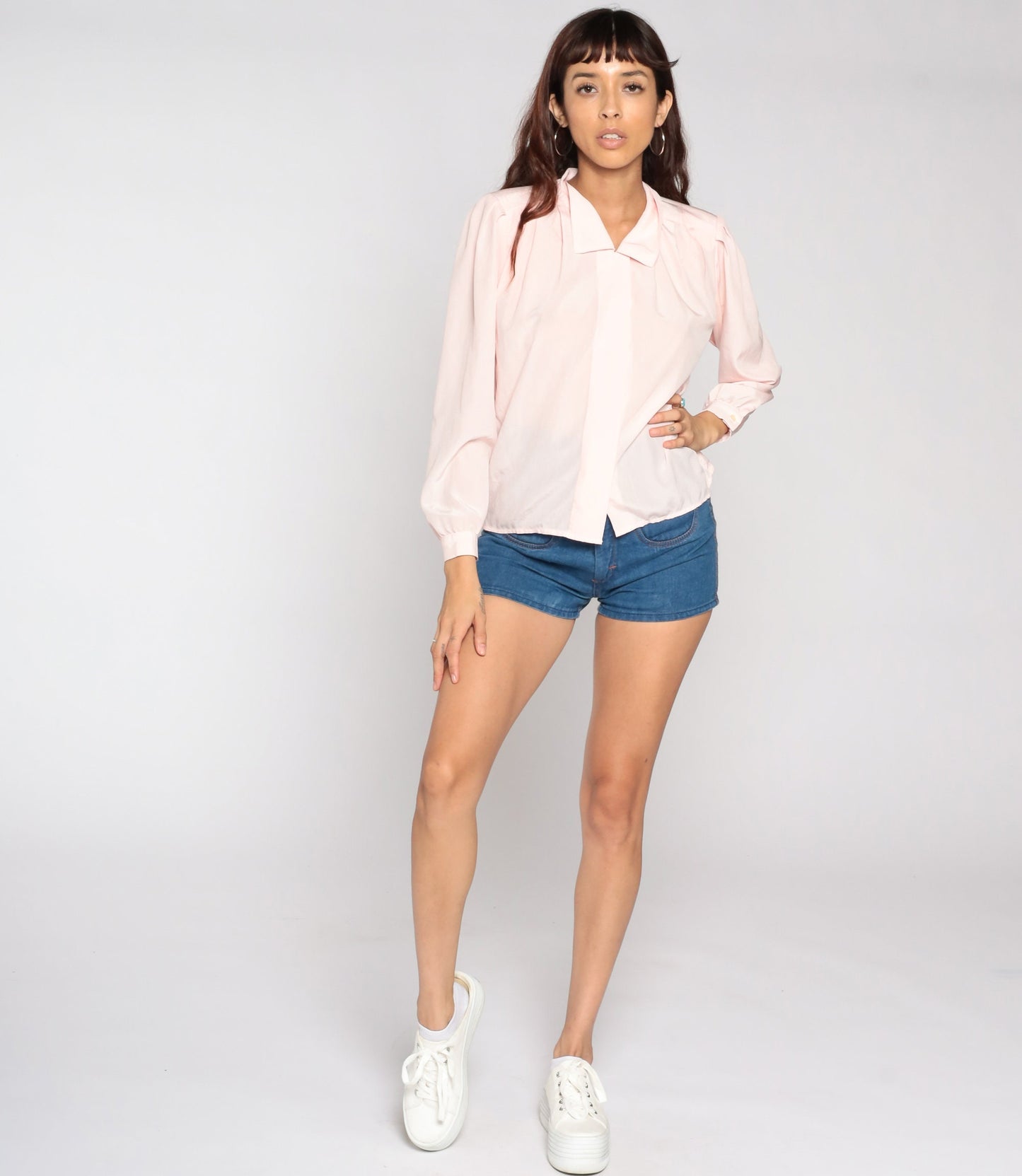 80s Baby Pink Puff Sleeve Button-Up Blouse Collar Shirt Medium