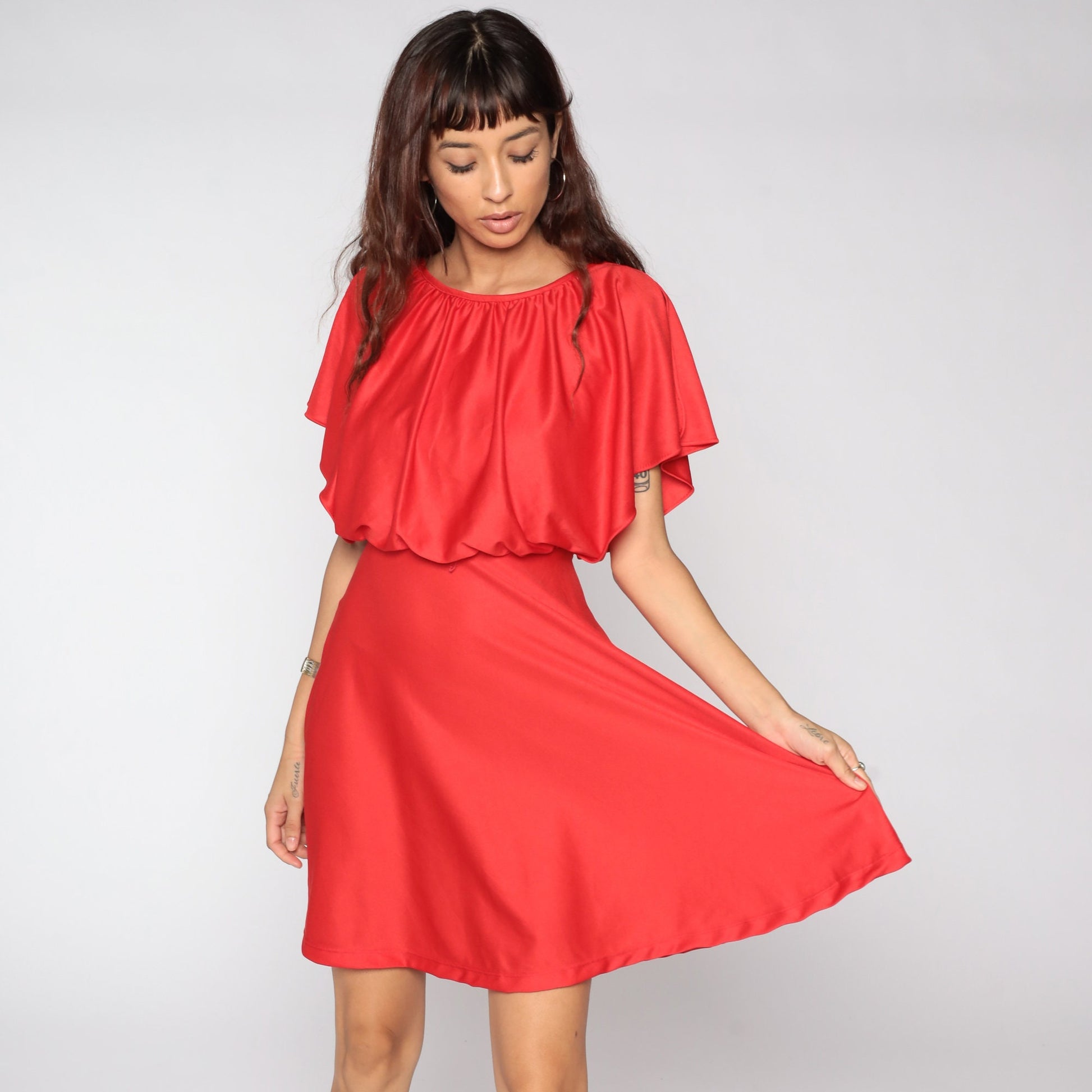 70s Red Grecian Mini Dress High Waist Flutter Sleeve Capelet Small