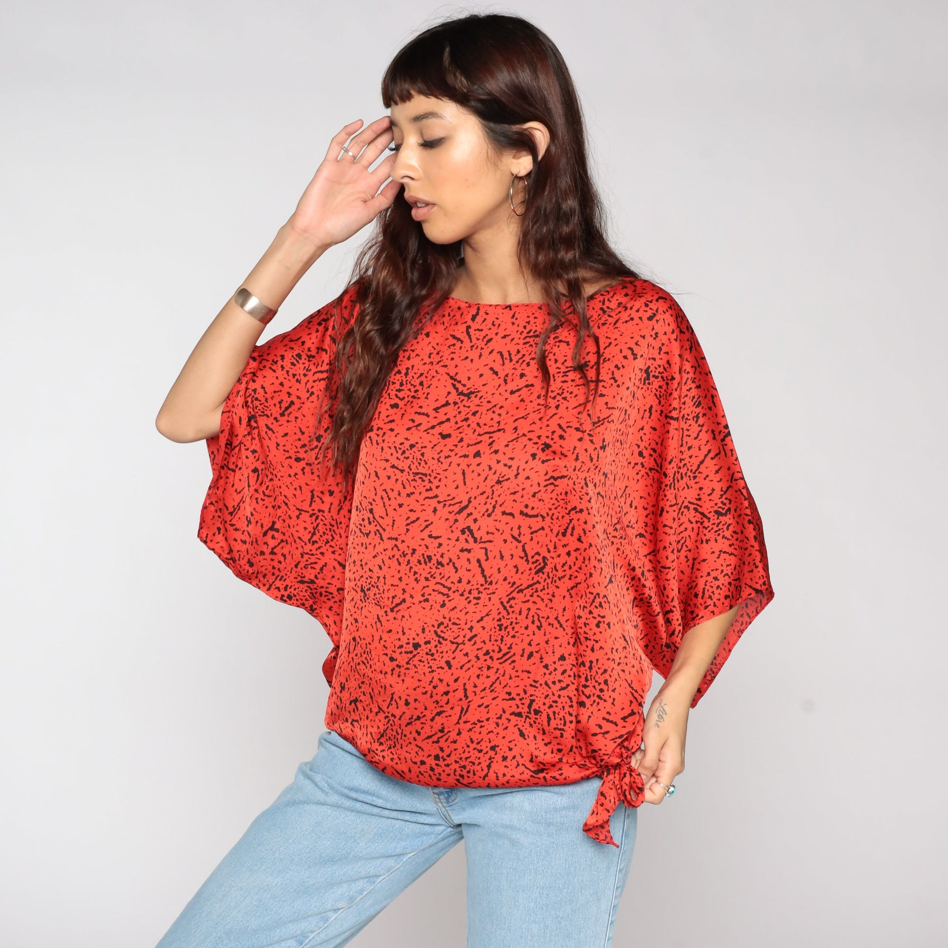 80s Red Confetti Flecked Dolman Blouse Plus Size XXL