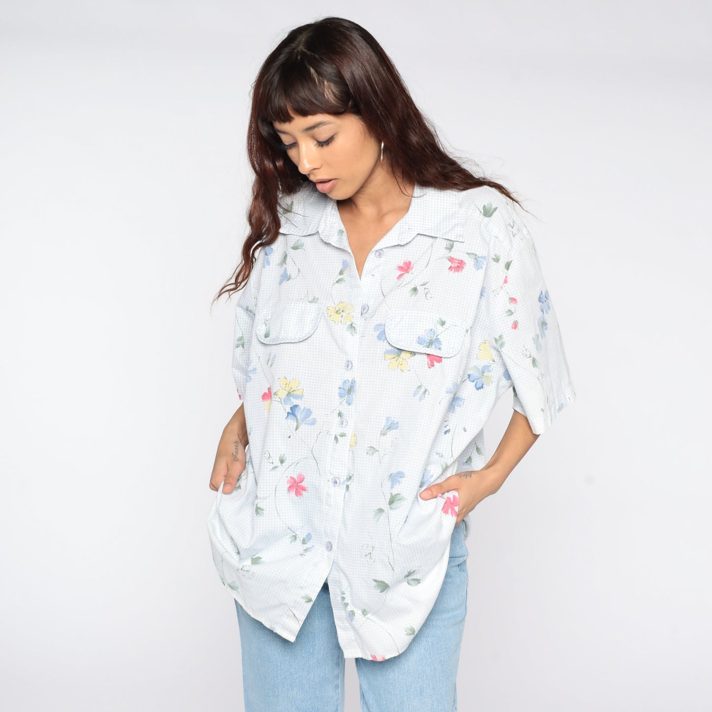 90s Floral Button-Up Blouse Blue Gingham Short Sleeve Shirt Plus Size 20W