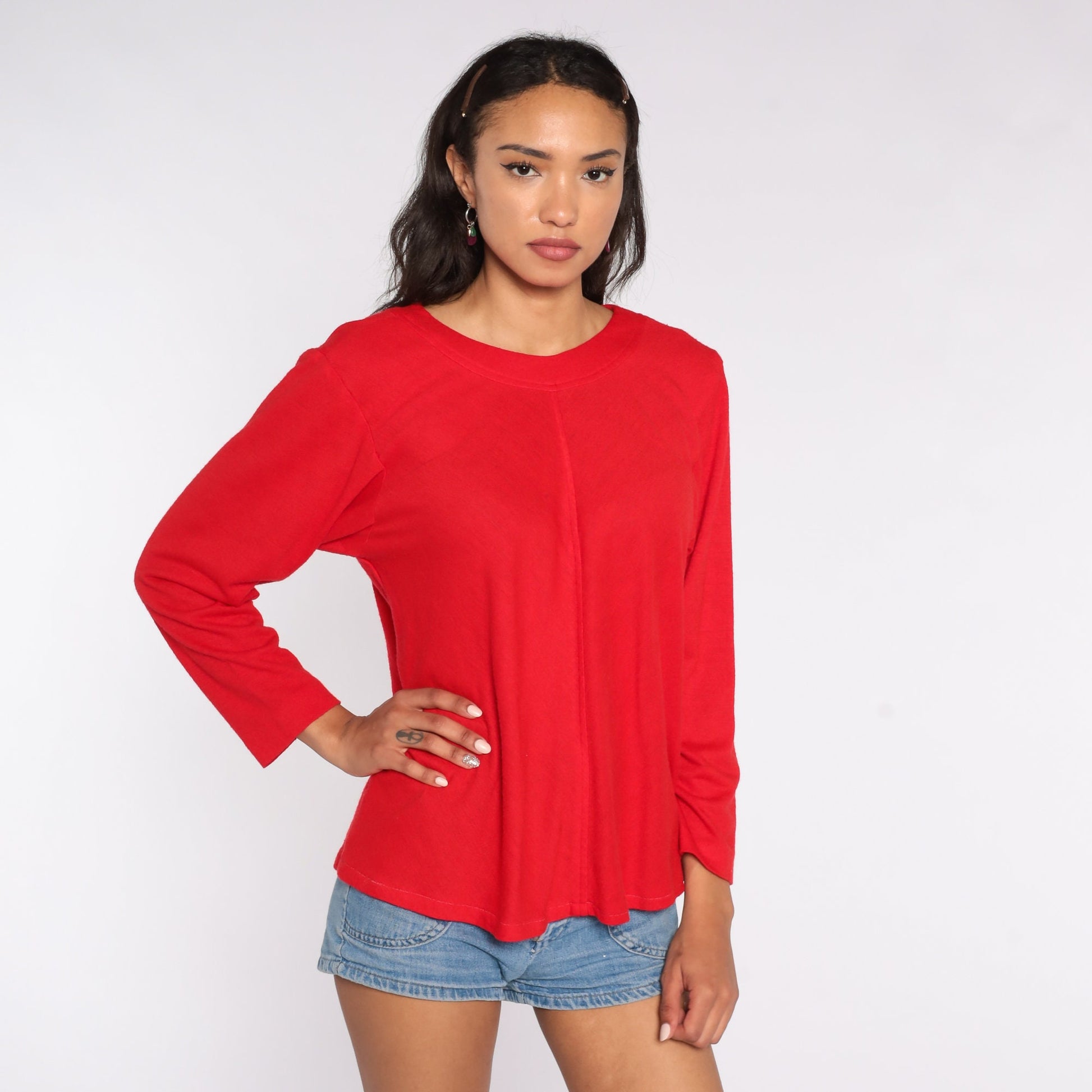 70s Red Trapeze Shirt Long Sleeve Blouse Medium
