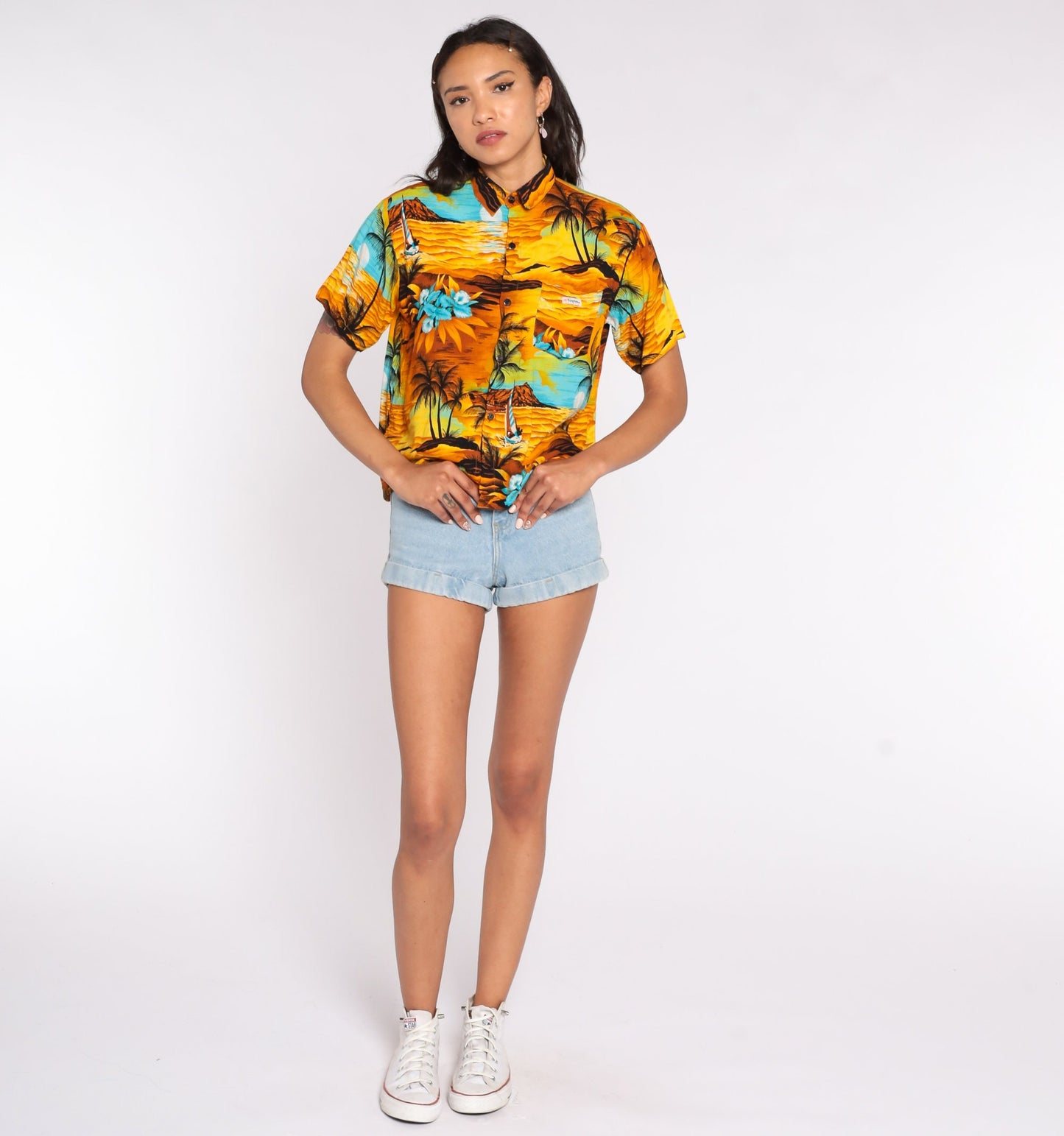90s Hawaiian Sailboat Floral Print Button Up Shirt Yellow Small S