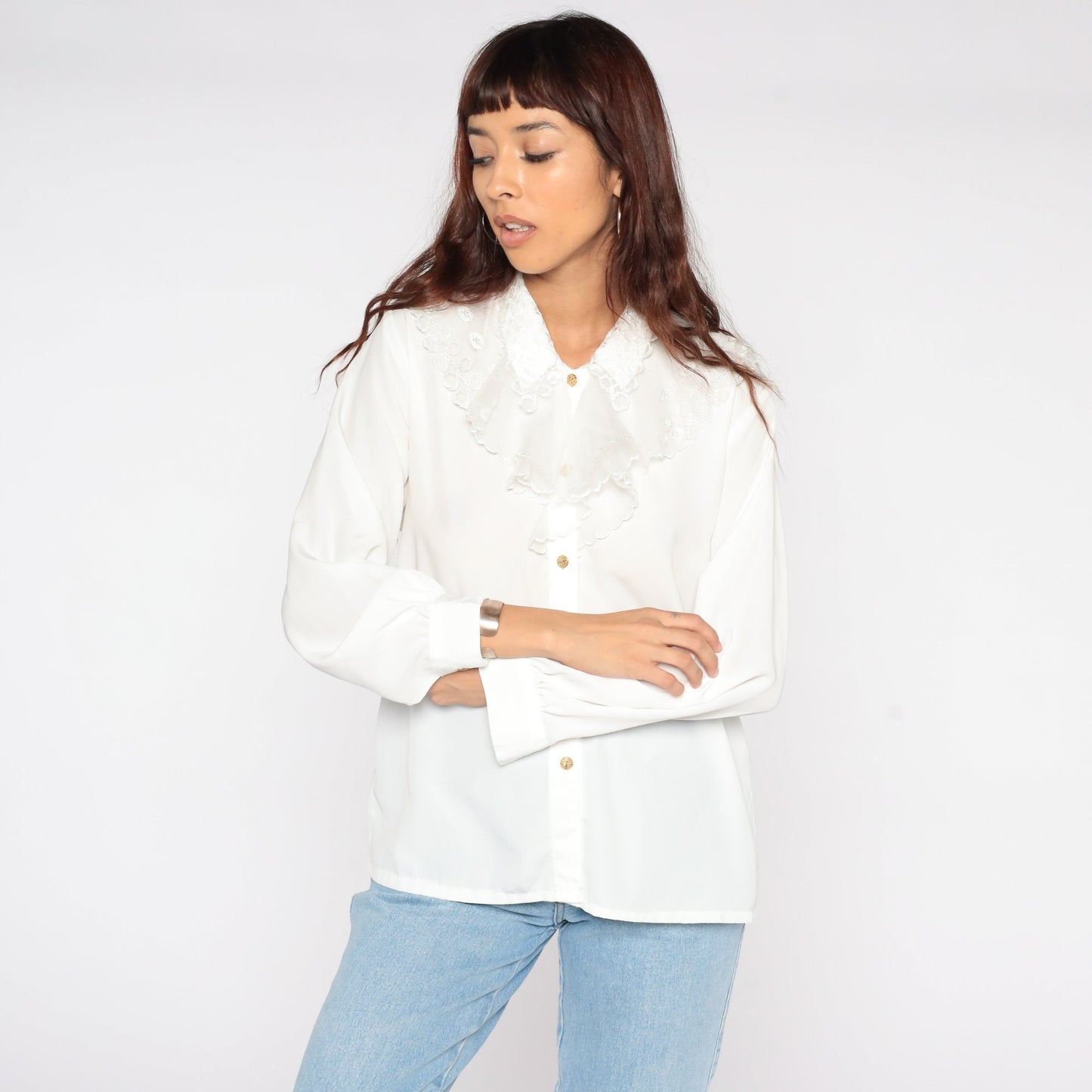 80s White Tuxedo Ruffle Blouse Long Sleeve Button Up Large