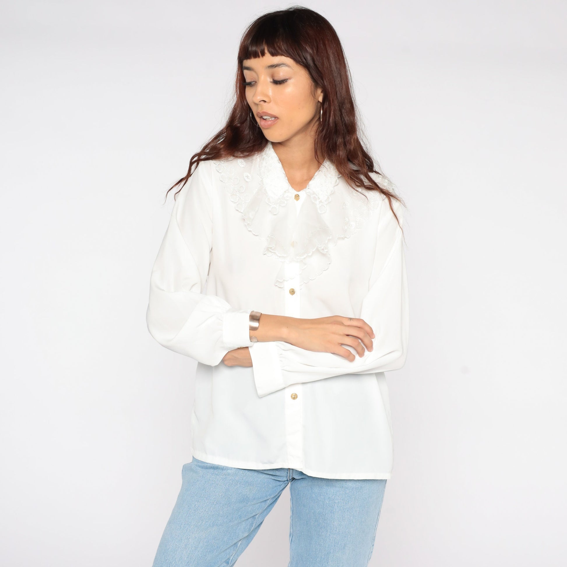 80s White Tuxedo Ruffle Blouse Long Sleeve Button Up Large