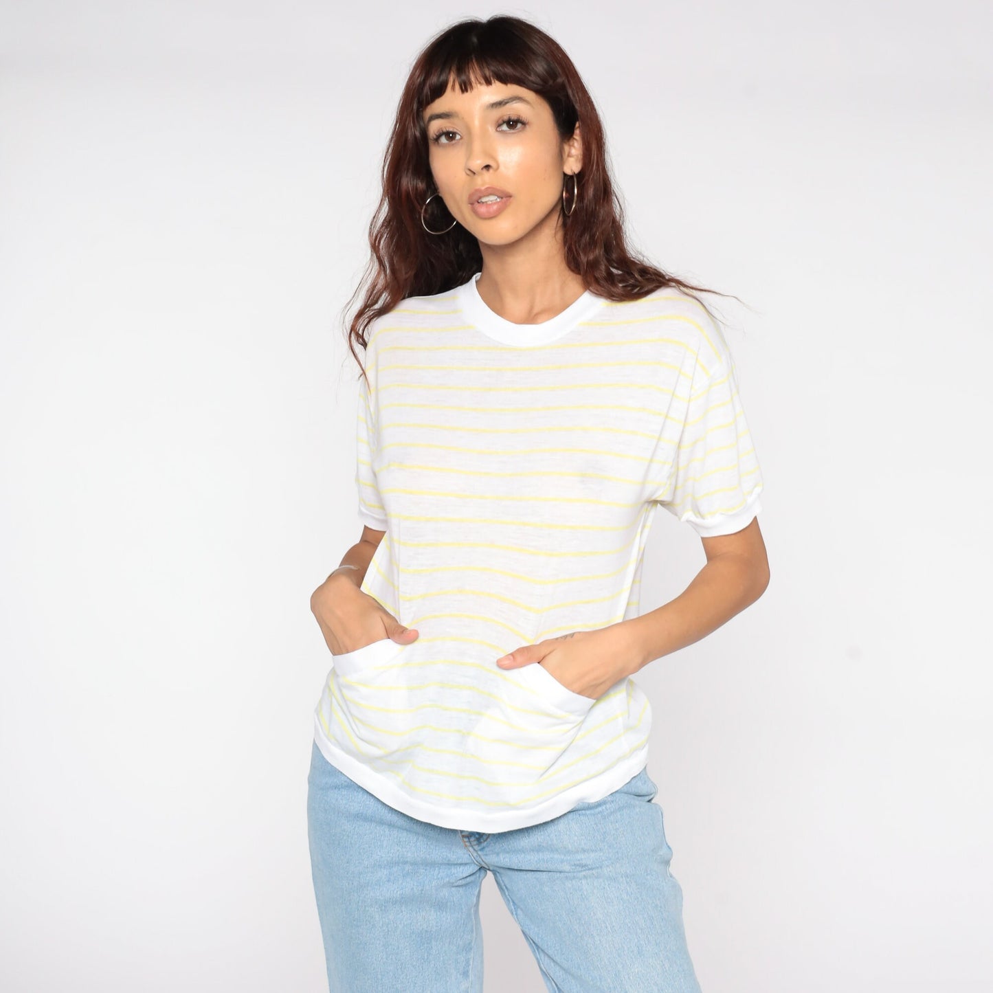80s Yellow White Striped Pocket Shirt Short Sleeve Cotton Blend Medium