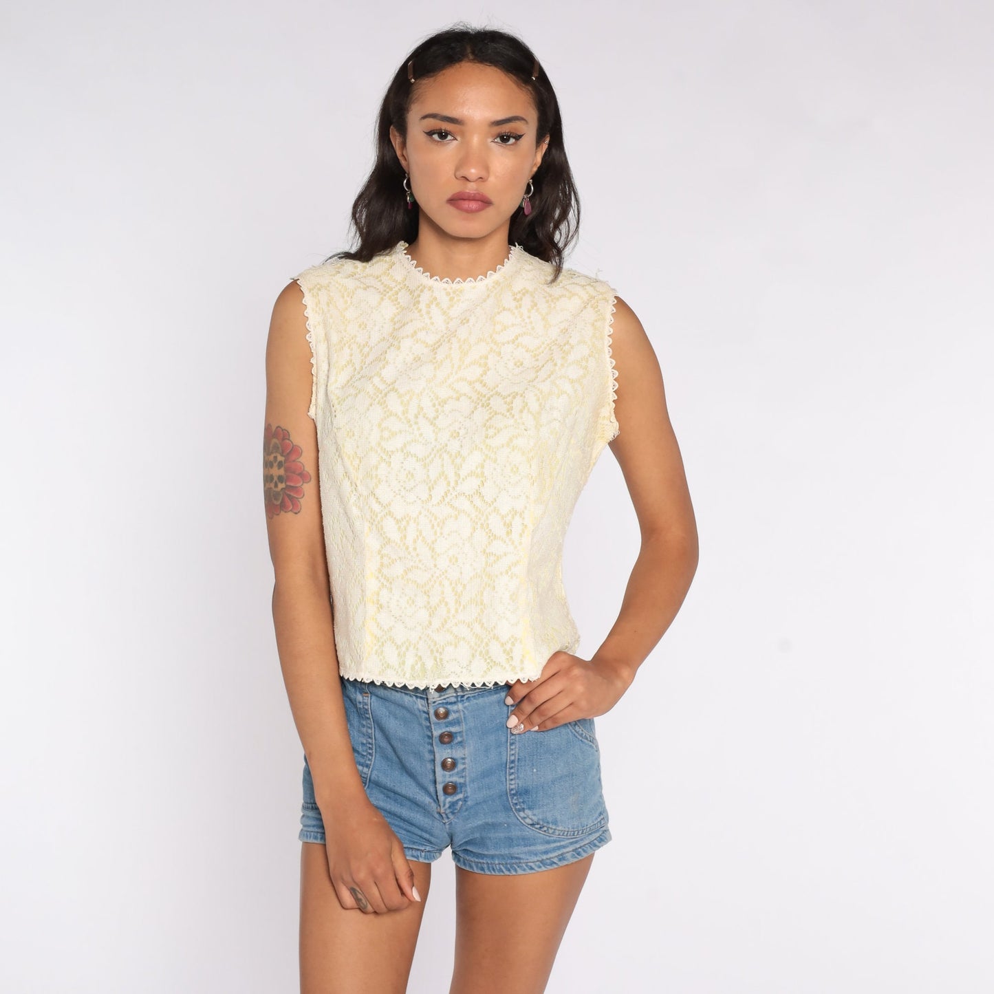 60s Cream Lace Crop Top Sleeveless Blouse Small