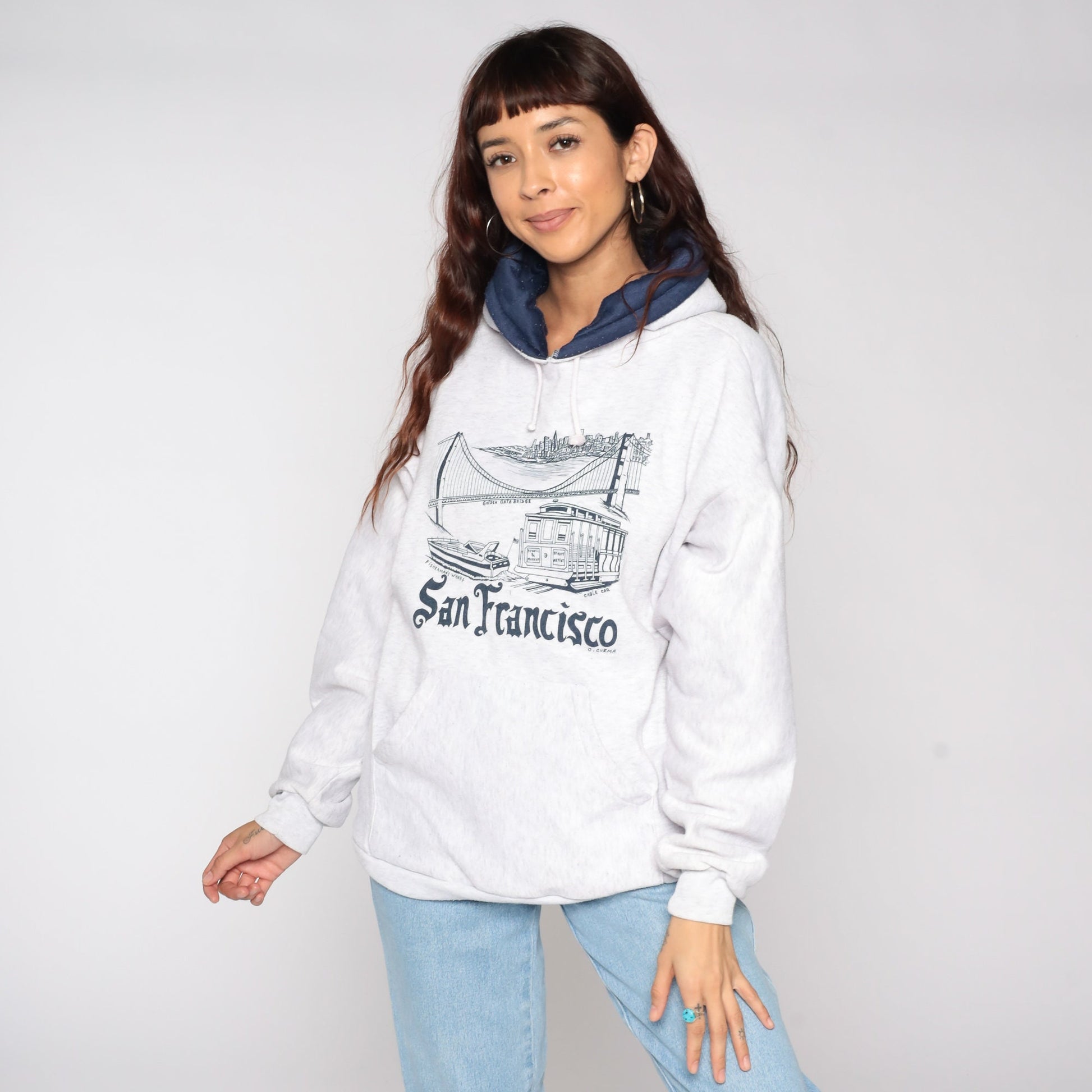 80s San Francisco Trolley Hoodie Sweatshirt Grey Cotton Blend Extra Large
