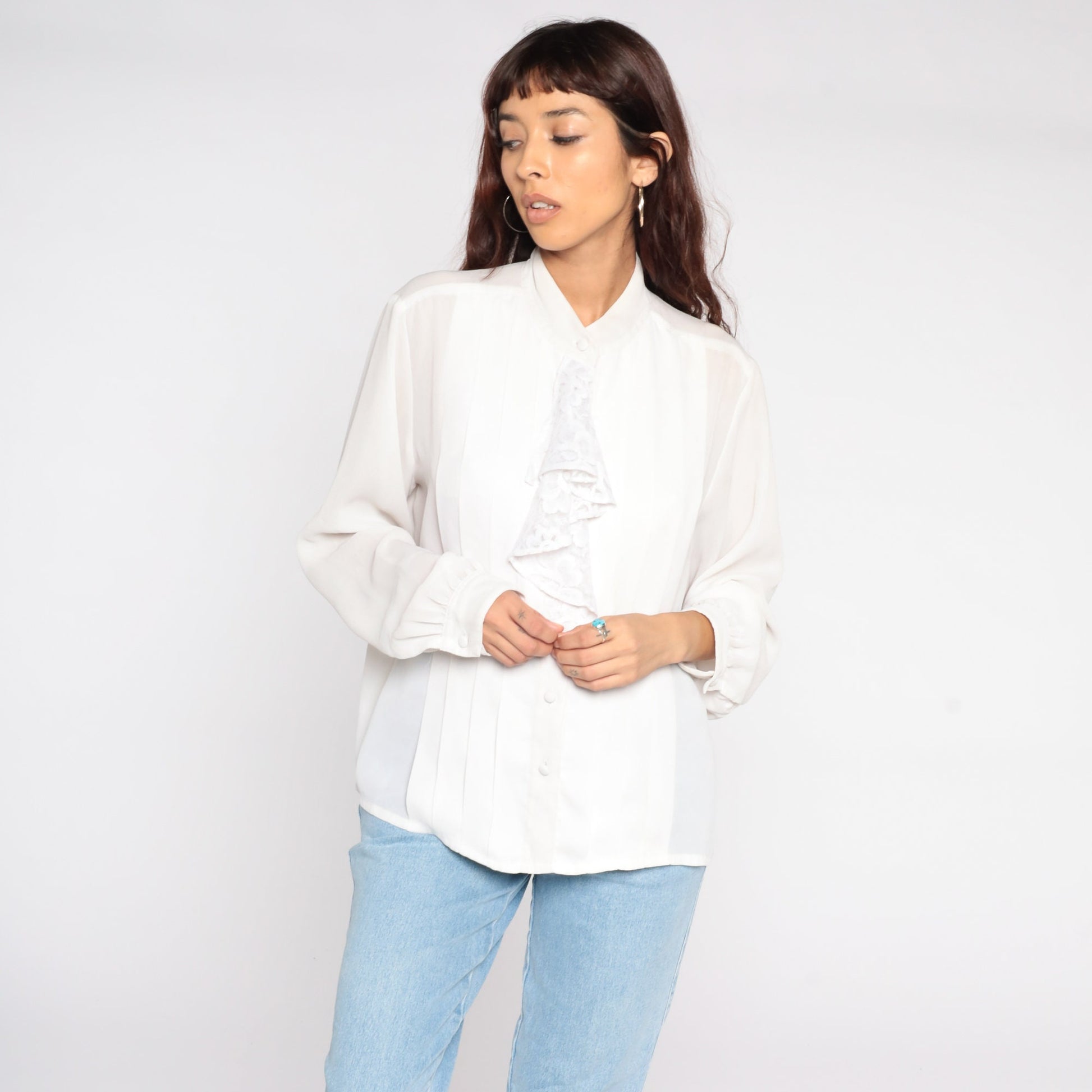 80s White Lace Tuxedo Blouse Ruffle Front Button Up Long Sleeve Medium