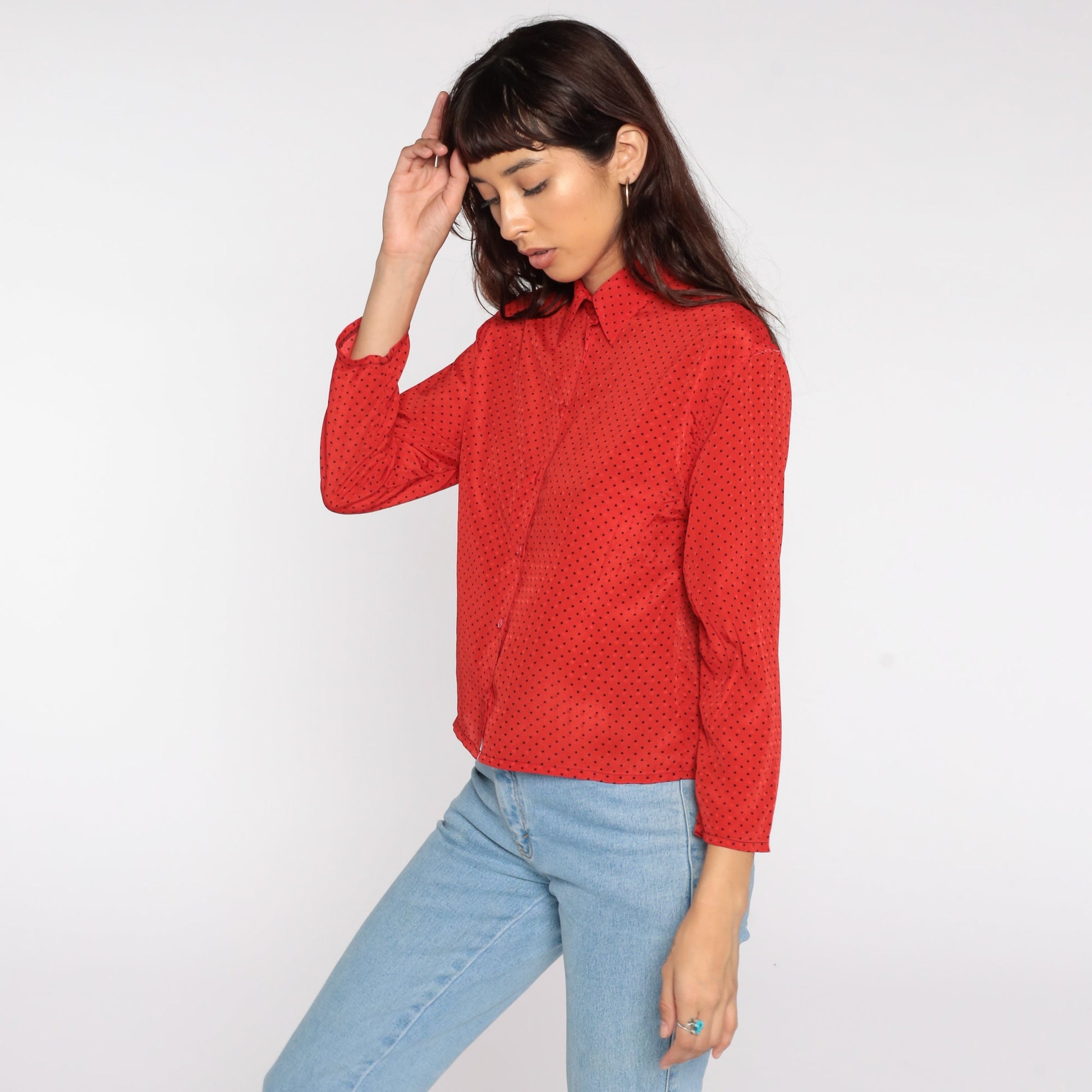 80s Red Polka Dot Button-Up Blouse Long Sleeve Small S