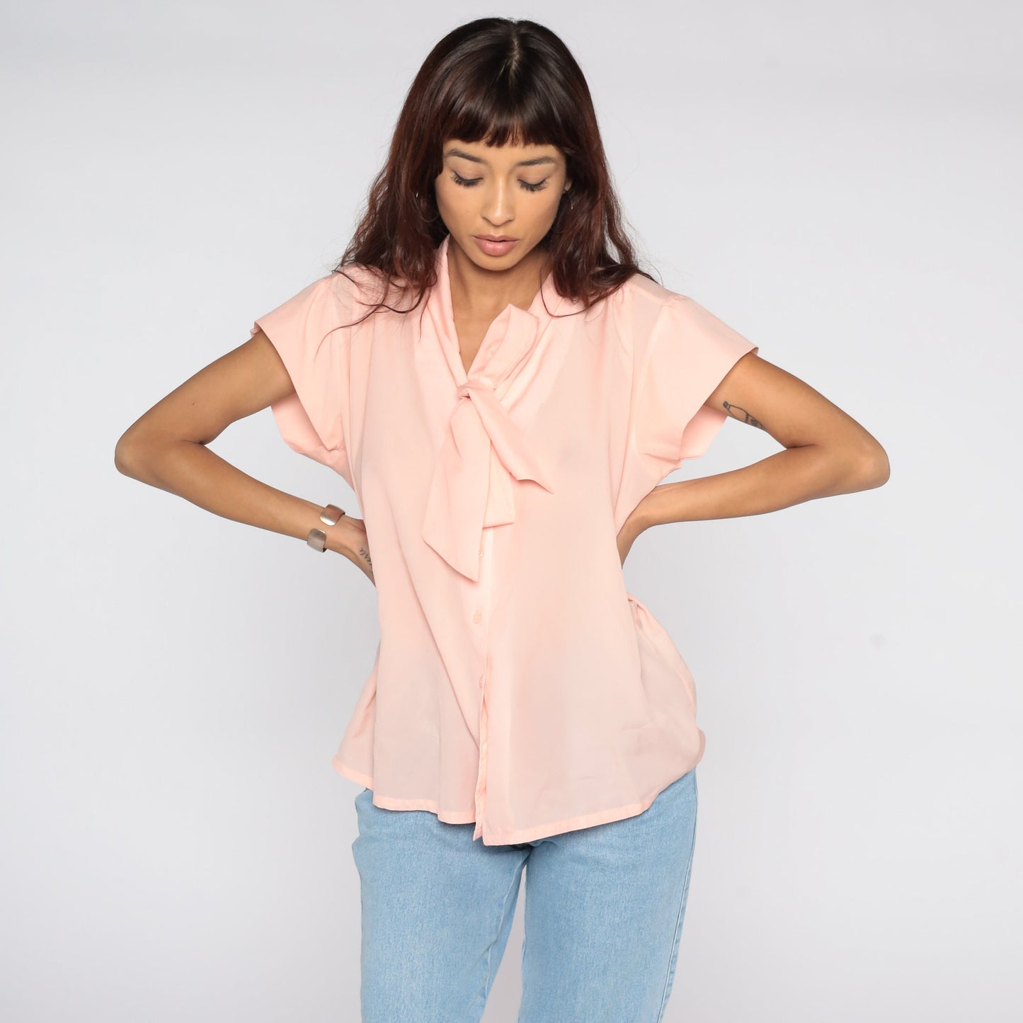 80s Baby Pink Ascot Blouse Short Sleeve Button Up Secretary Top Large L
