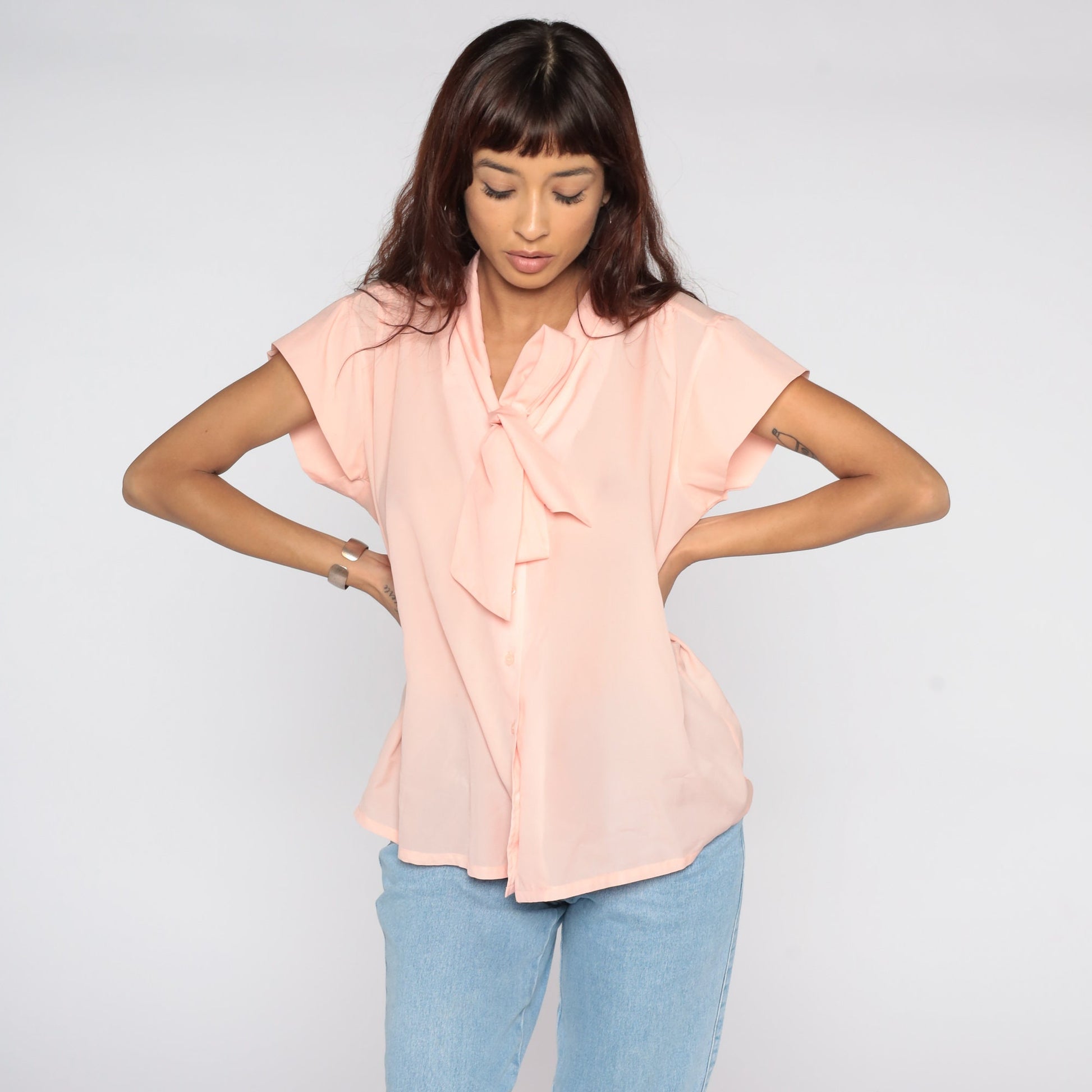 80s Baby Pink Ascot Blouse Short Sleeve Button Up Secretary Top Large L