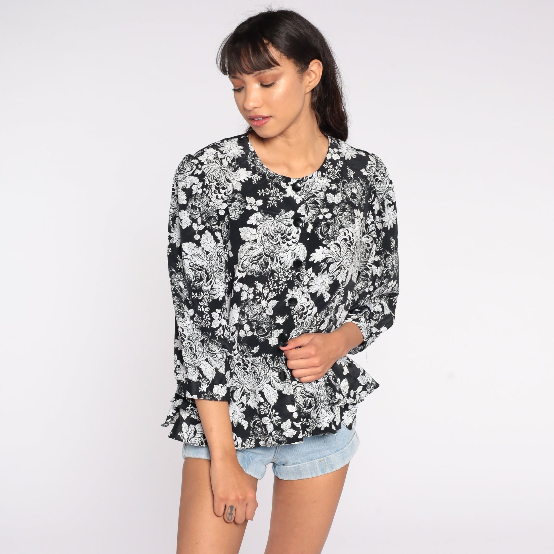 80s Floral Button Up Blouse Black White Peplum Puff Sleeve Medium Large
