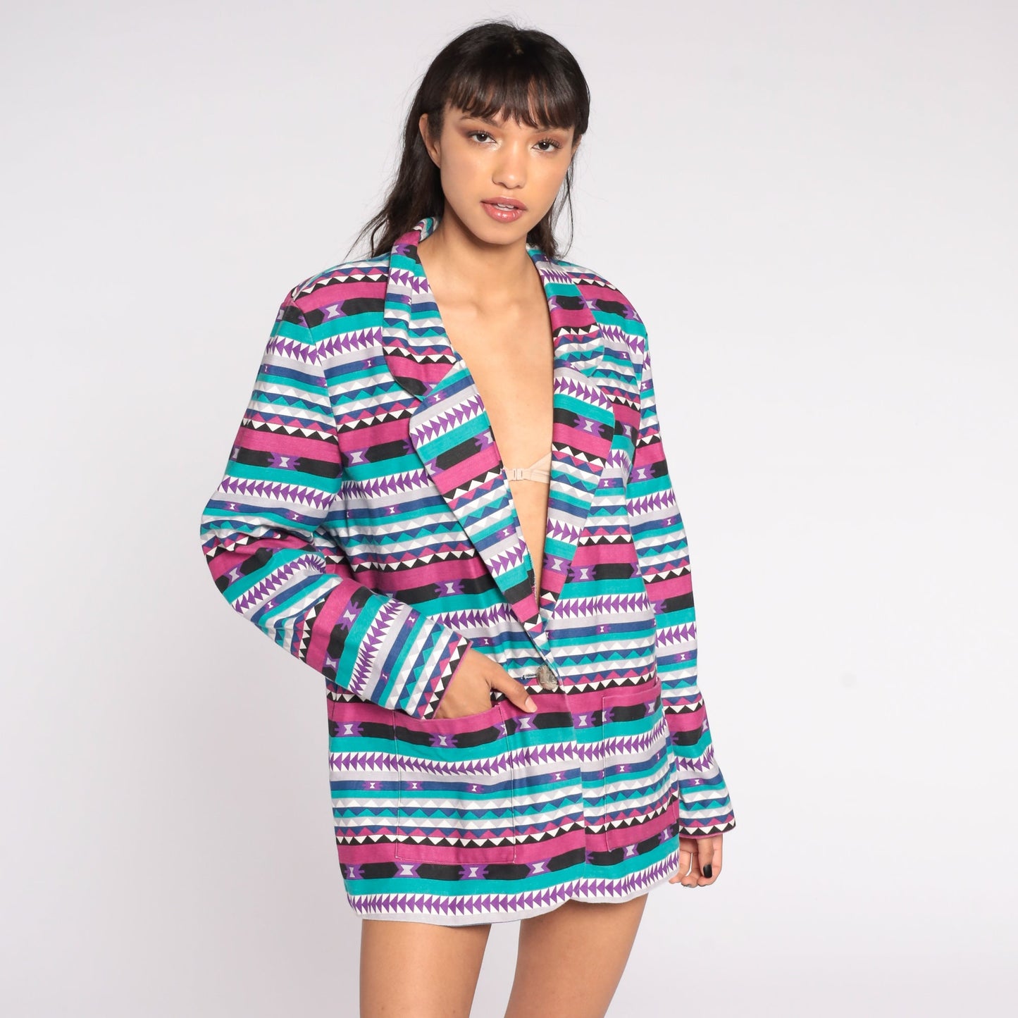 80s Southwestern Aztec Jacket Pink Turquoise Cotton Blazer Extra Large XXL