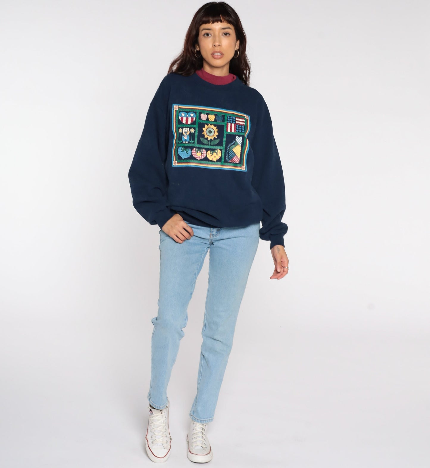80s Country Cat Sunflower Navy Sweatshirt Graphic Animal Crewneck Large L