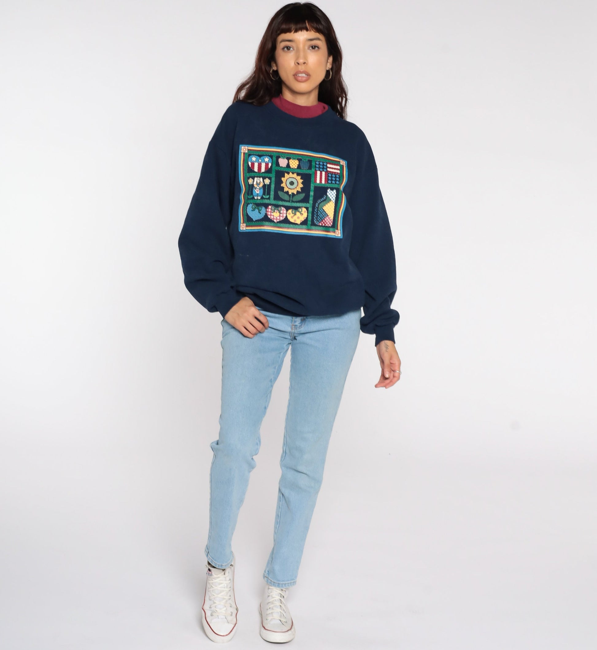 80s Country Cat Sunflower Navy Sweatshirt Graphic Animal Crewneck Large L