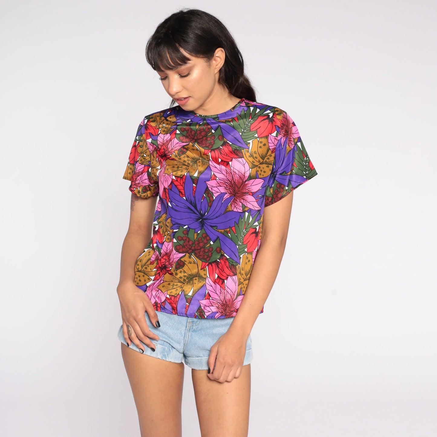 80s Purple Floral Shirt Keyhole Back Short Sleeve Blouse Small S