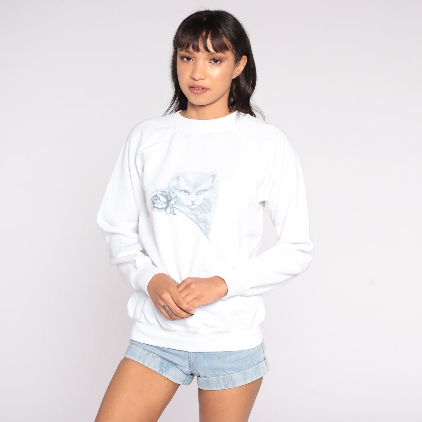 80s Cat Graphic Sweatshirt White Kitten Print Crewneck Medium
