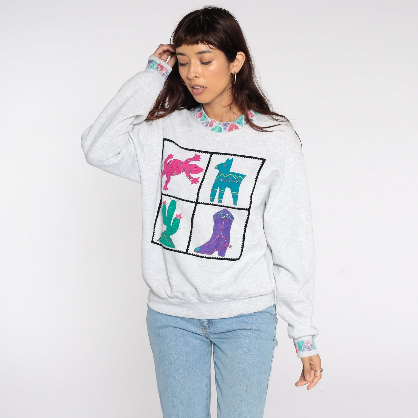 90s Southwestern Sweatshirt Cactus Coyote Gecko Grey Crewneck Medium