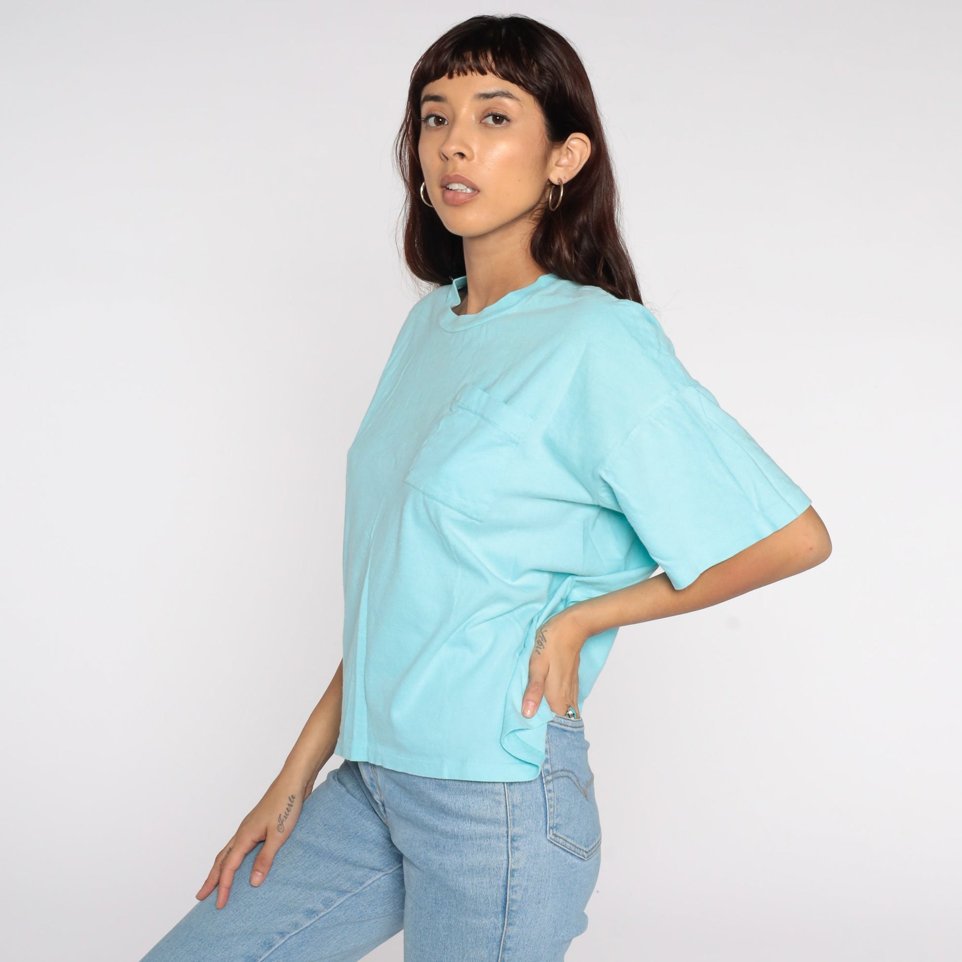 80s Blue Pocket T-Shirt Cotton Plain Crewneck Large