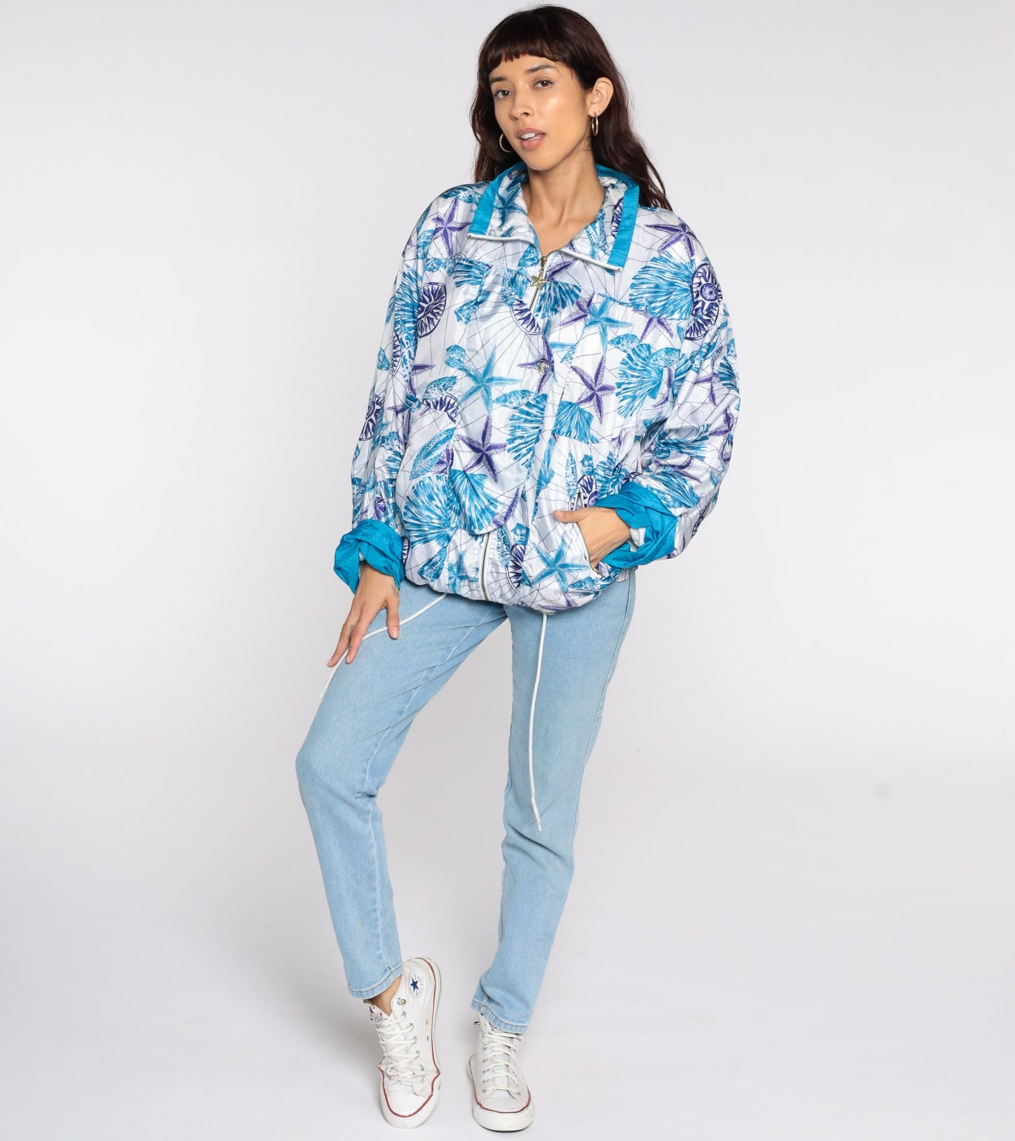 90s Seashell Nautical Windbreaker Jacket Purple Blue Zip Medium