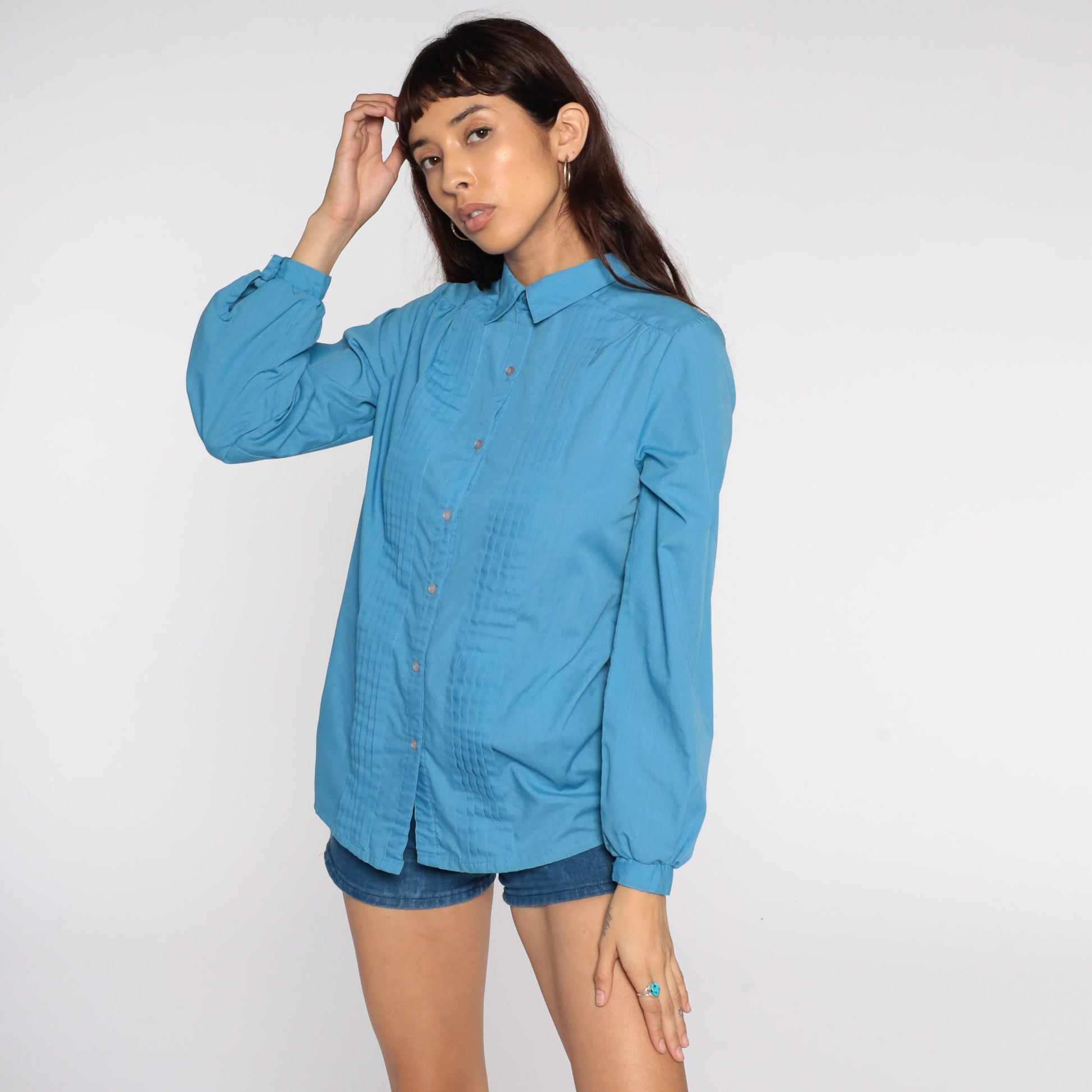 80s Blue Button-Up Blouse Pleated Long Sleeve Shirt Medium