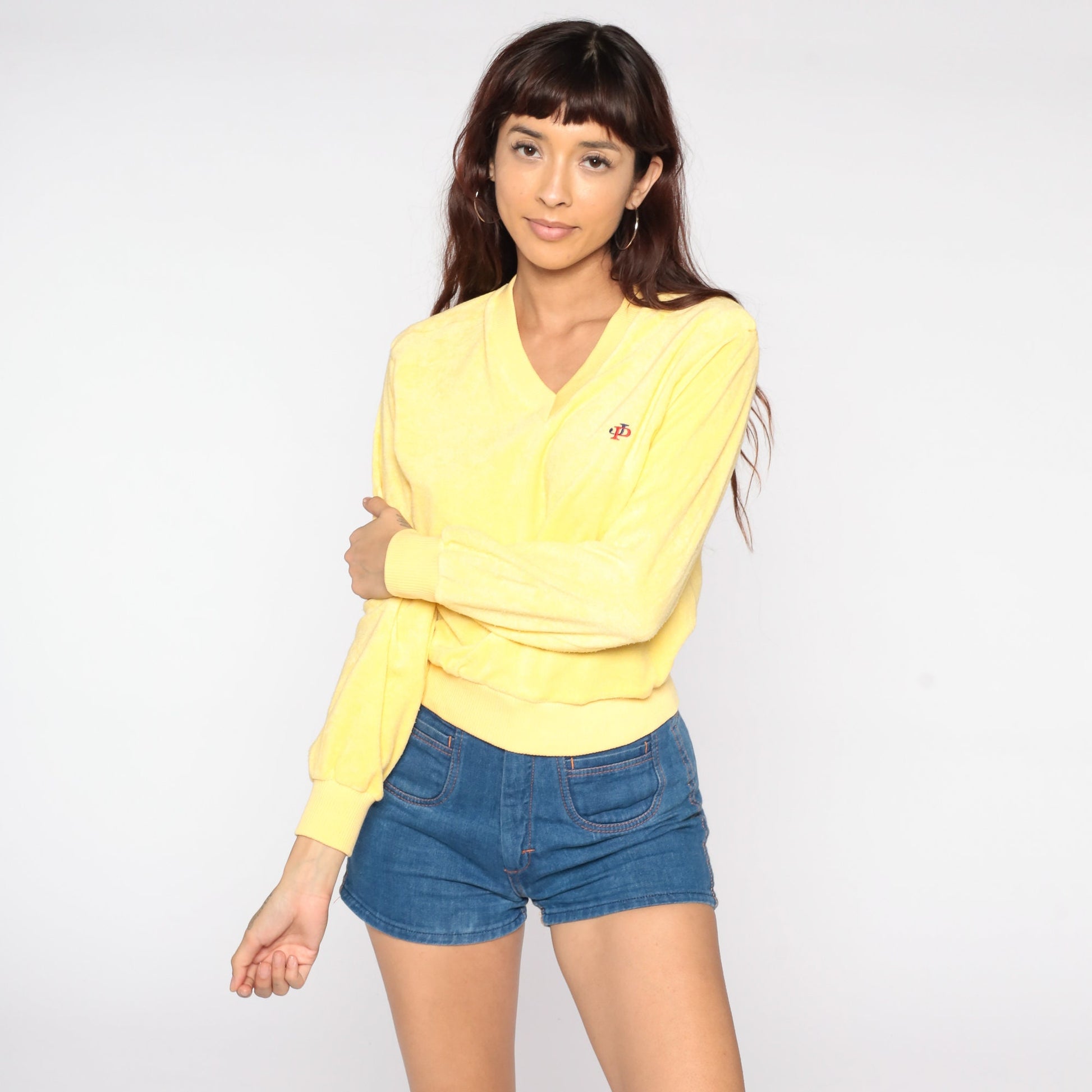 70s-80s Yellow Terry Cloth V-Neck Sweatshirt Slouchy Long Sleeve Medium