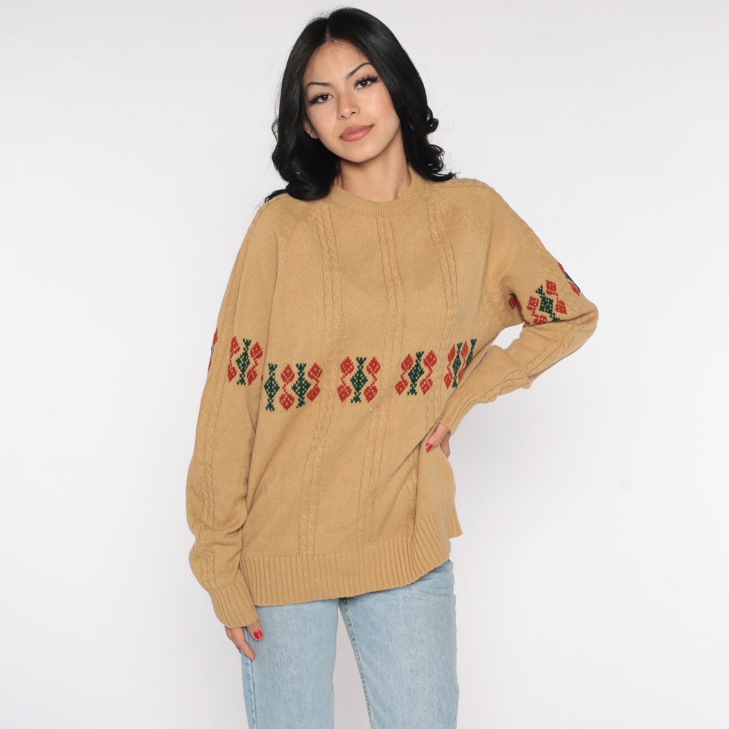70s Robert Bruce Cable Knit Sweater Tan Geometric Pullover Large