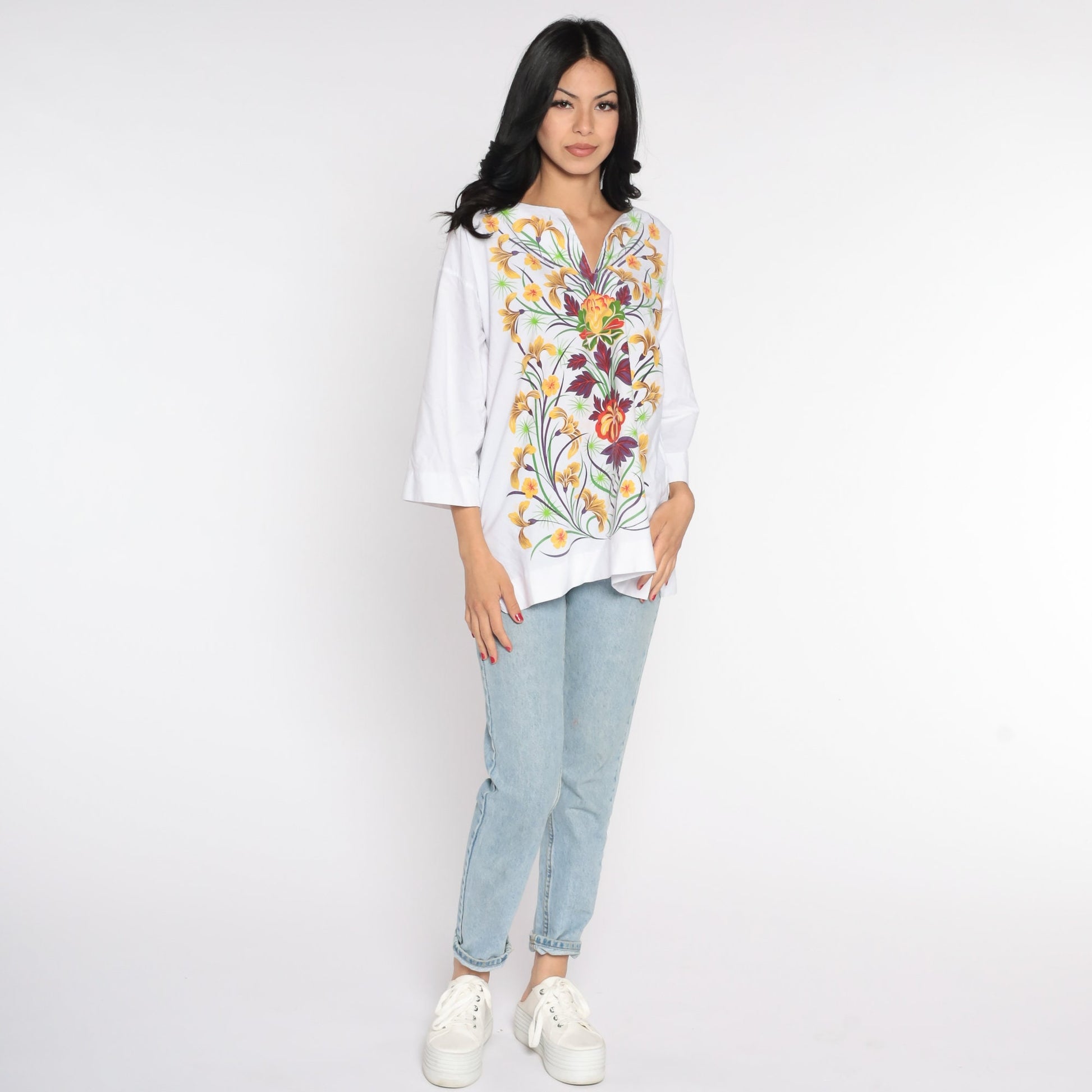 90s White Floral Tunic Blouse Cotton Long Sleeve Top Medium