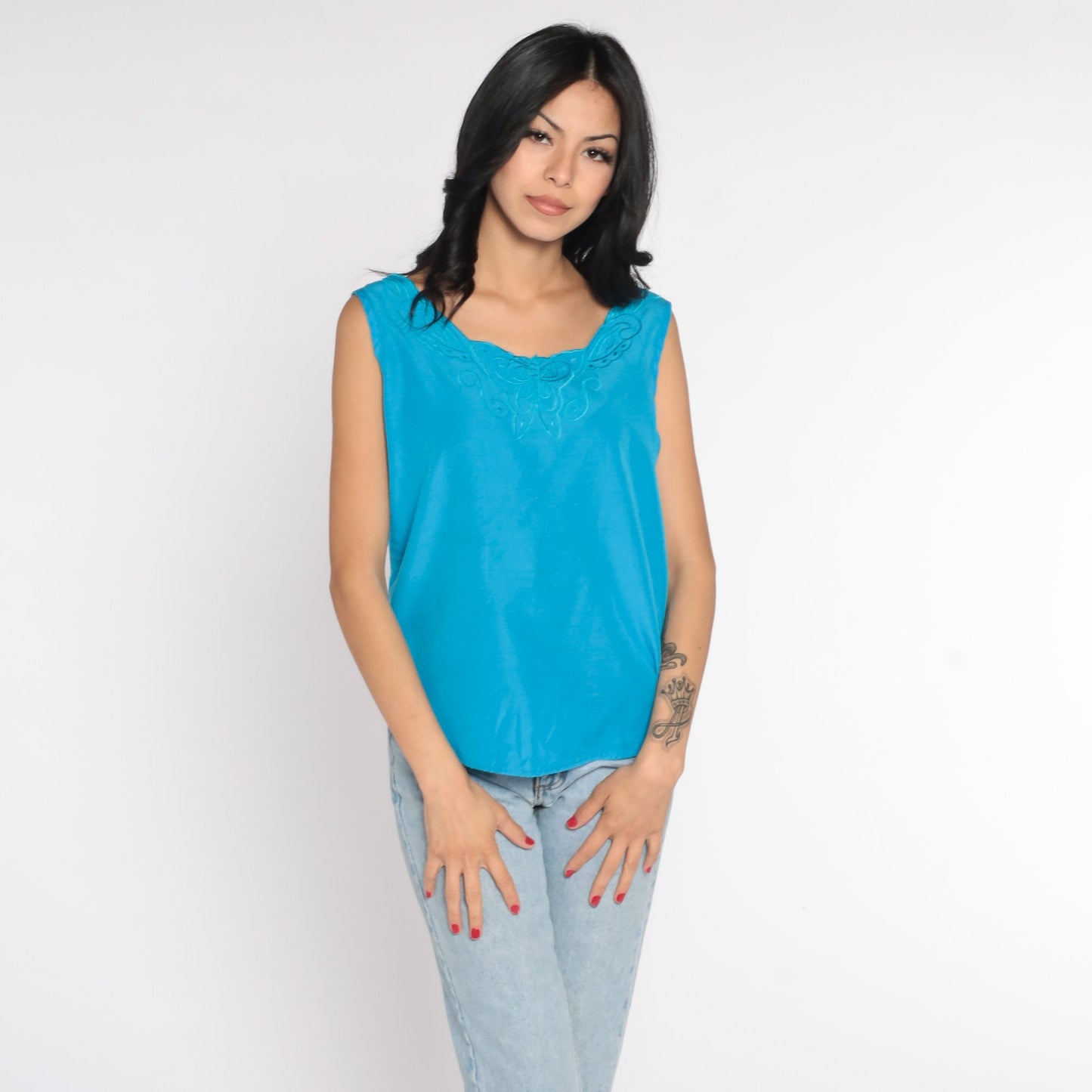 80s Blue Linen Tank Top Embroidered Butterfly Sleeveless Blouse Small