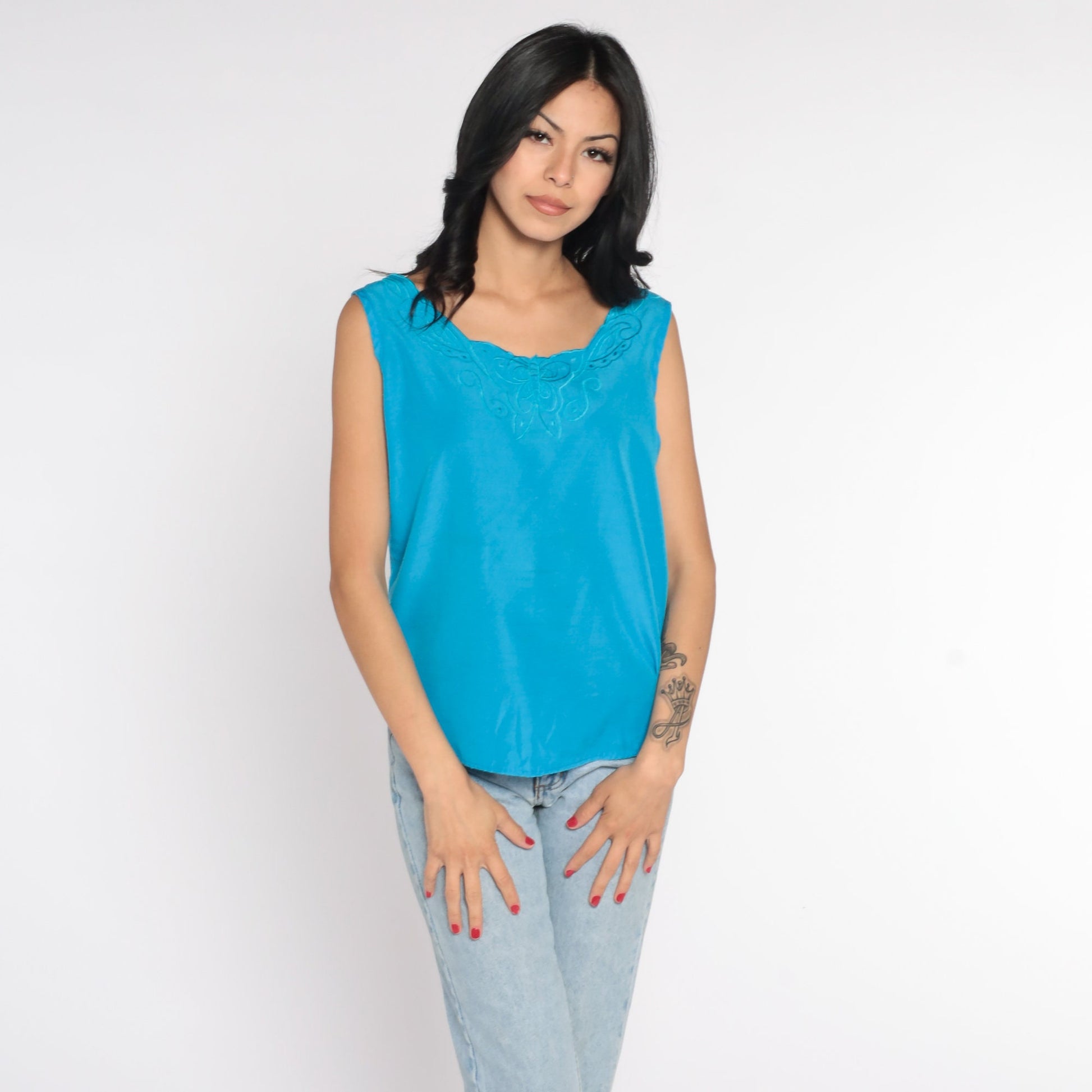80s Blue Linen Tank Top Embroidered Butterfly Sleeveless Blouse Small
